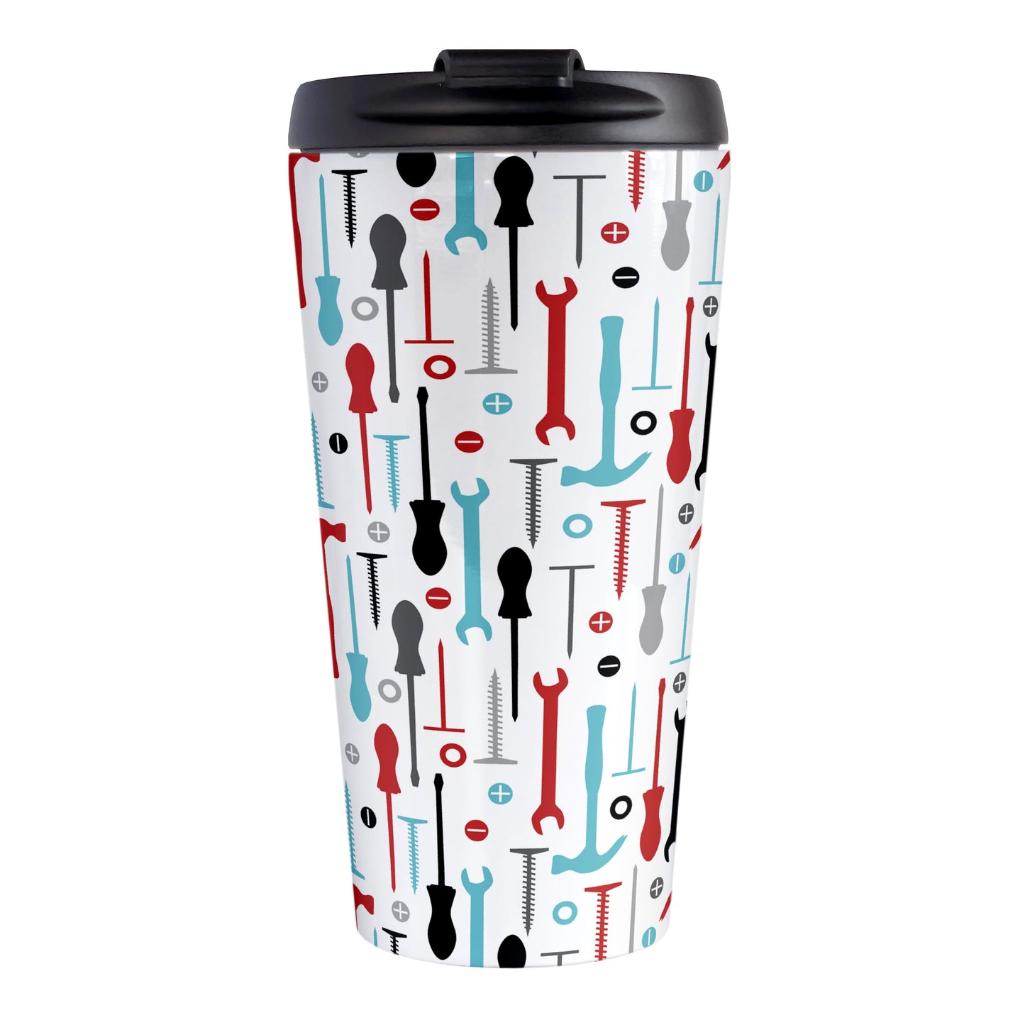 Red Turquoise Tools Pattern Travel Mug (15oz) at Amy's Coffee Mugs. A stainless steel insulated travel mug with a modern style pattern of tools in red, turquoise, black, and gray over white that wraps around the mug. Perfect for any handyman or contractor.