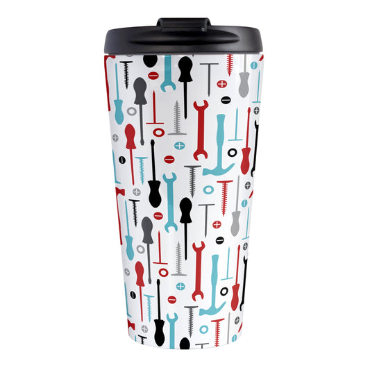 Red Turquoise Tools Pattern Travel Mug (15oz) at Amy's Coffee Mugs. A stainless steel insulated travel mug with a modern style pattern of tools in red, turquoise, black, and gray over white that wraps around the mug. Perfect for any handyman or contractor.