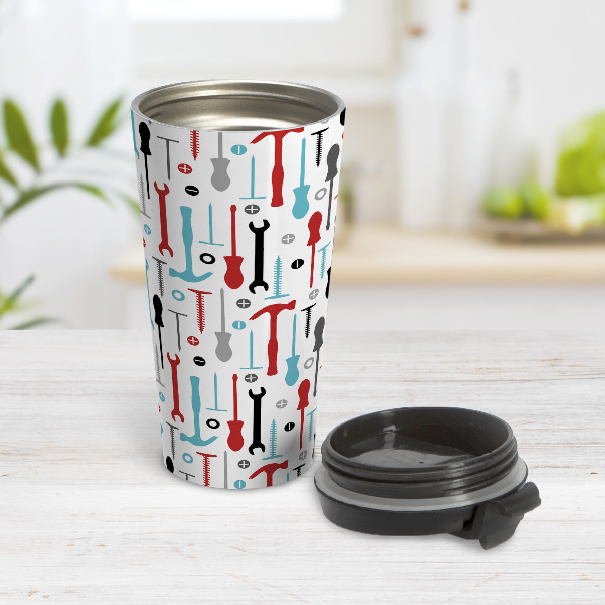 Red Turquoise Tools Pattern Travel Mug (15oz) at Amy's Coffee Mugs. A stainless steel insulated travel mug with a modern style pattern of tools in red, turquoise, black, and gray over white that wraps around the mug. Perfect for any handyman or contractor.