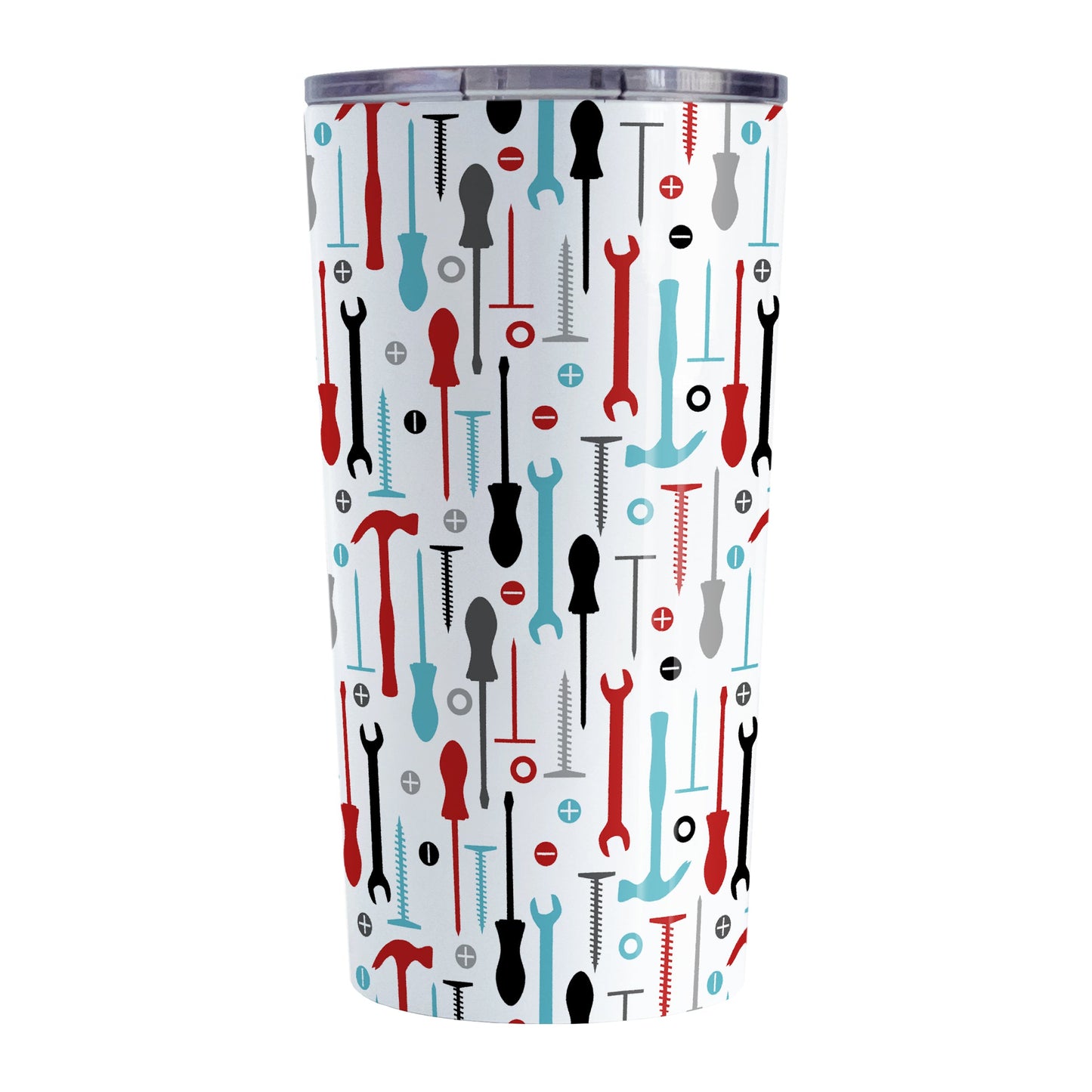 Red Turquoise Tools Pattern Tumbler Cup (20oz, stainless steel insulated) at Amy's Coffee Mugs. A tumbler cup with a modern style pattern of tools in red, turquoise, black, and gray over white that wraps around the cup. Perfect for any handyman or contractor.