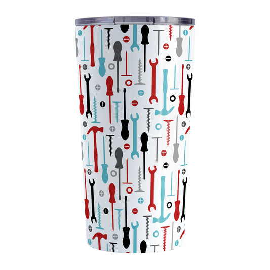 Red Turquoise Tools Pattern Tumbler Cup (20oz, stainless steel insulated) at Amy's Coffee Mugs. A tumbler cup with a modern style pattern of tools in red, turquoise, black, and gray over white that wraps around the cup. Perfect for any handyman or contractor.