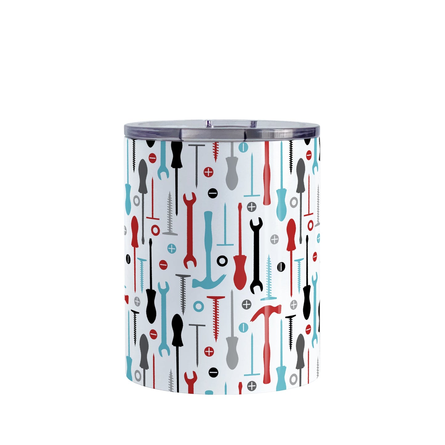 Red Turquoise Tools Pattern Tumbler Cup (10oz, stainless steel insulated) at Amy's Coffee Mugs. A tumbler cup with a modern style pattern of tools in red, turquoise, black, and gray over white that wraps around the cup. Perfect for any handyman or contractor.
