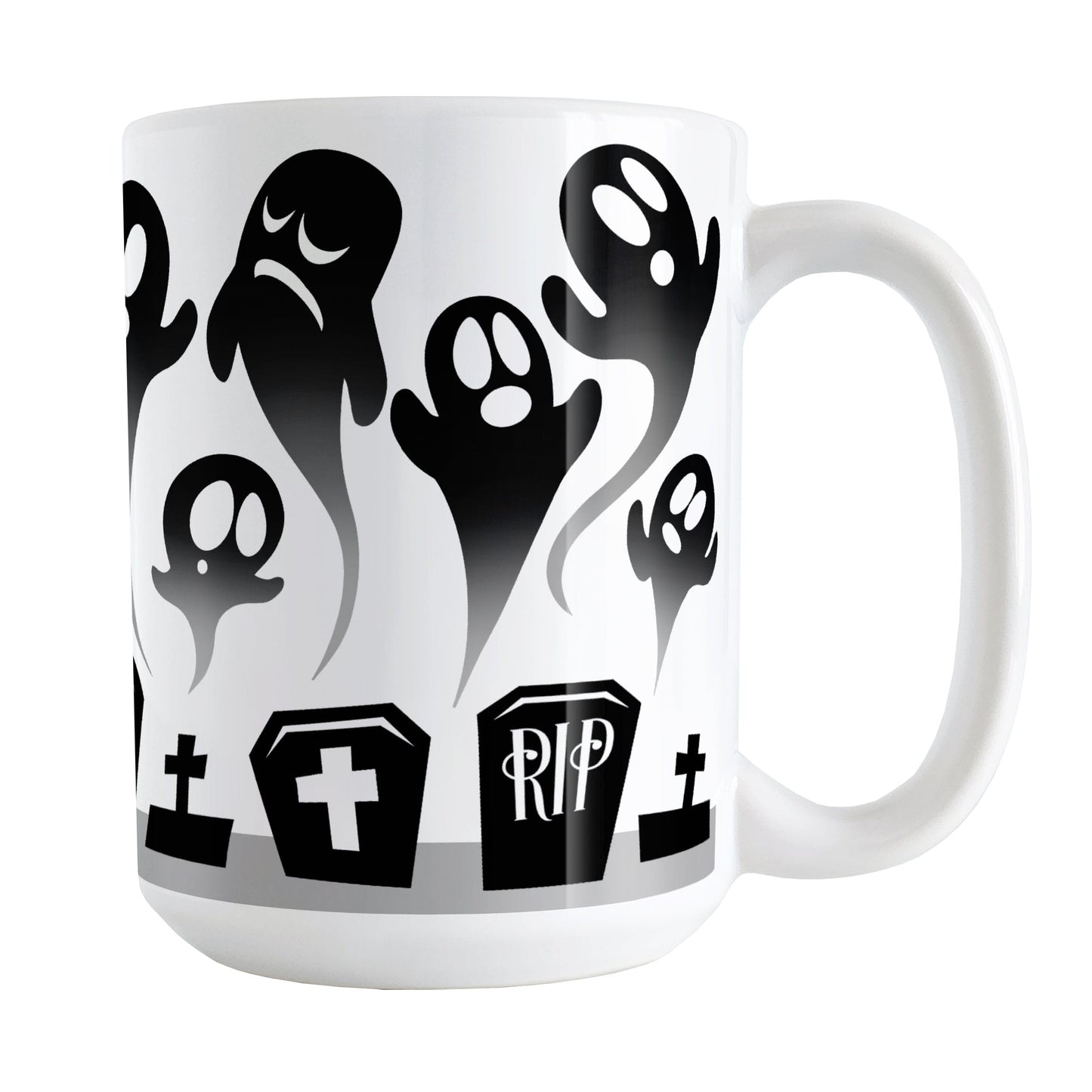 Rising Ghosts Halloween Mug (15oz) at Amy's Coffee Mugs.A ceramic coffee mug featuring whimsical ghosts rising above cemetery gravestones in a black and white design that wraps around the mug up to the handle.
