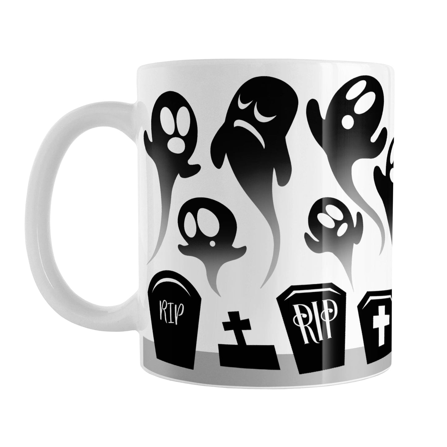 Rising Ghosts Halloween Mug (11oz) at Amy's Coffee Mugs.A ceramic coffee mug featuring whimsical ghosts rising above cemetery gravestones in a black and white design that wraps around the mug up to the handle.