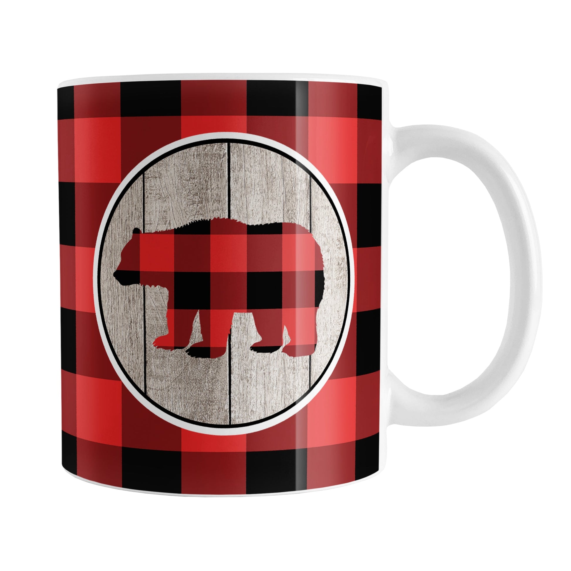 Rustic Red Buffalo Plaid Bear Mug (11oz) at Amy's Coffee Mugs. A ceramic coffee mug designed with a buffalo plaid bear on a rustic wood circle illustration on both sides of the mug over a red and black buffalo plaid pattern that wraps around the mug up to the handle.