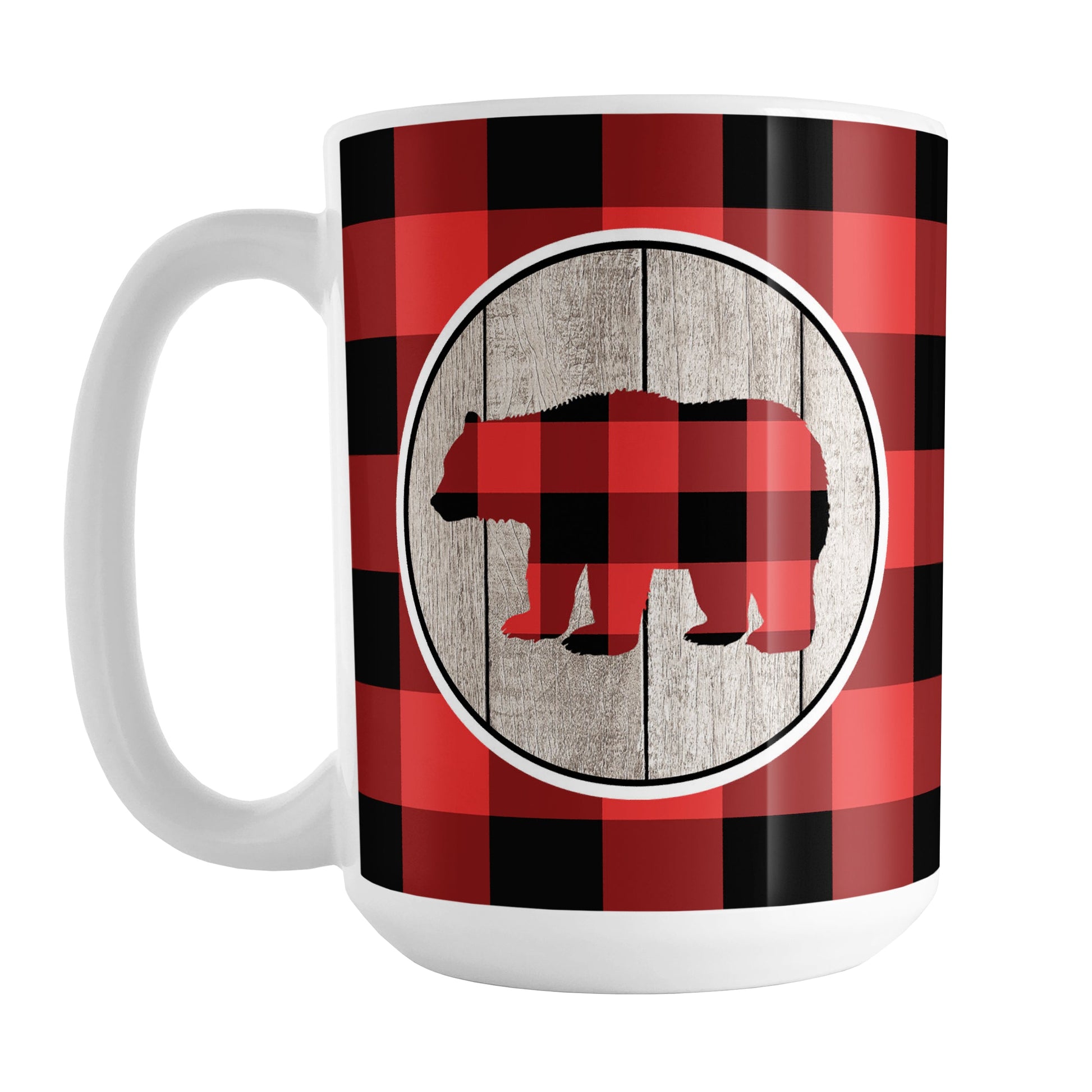 Rustic Red Buffalo Plaid Bear Mug (15oz) at Amy's Coffee Mugs. A ceramic coffee mug designed with a buffalo plaid bear on a rustic wood circle illustration on both sides of the mug over a red and black buffalo plaid pattern that wraps around the mug up to the handle.