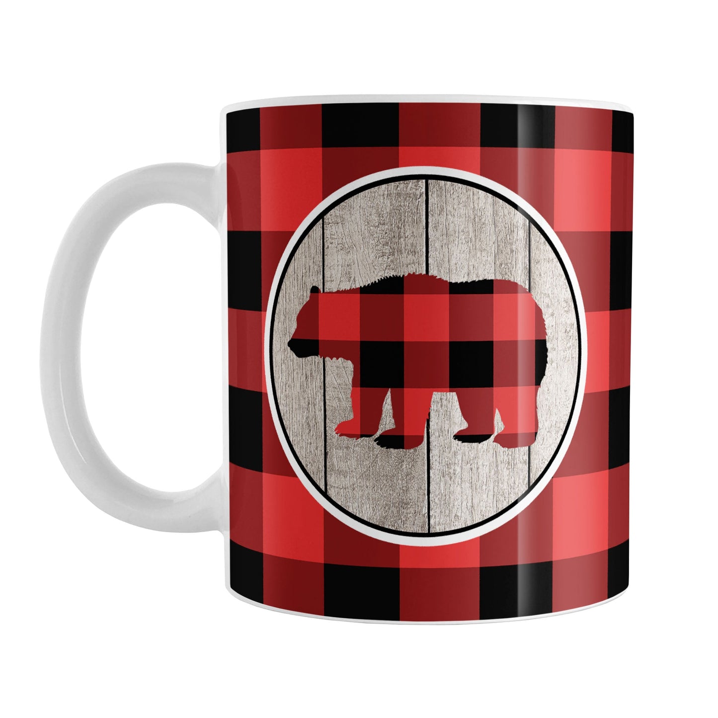 Rustic Red Buffalo Plaid Bear Mug (11oz) at Amy's Coffee Mugs. A ceramic coffee mug designed with a buffalo plaid bear on a rustic wood circle illustration on both sides of the mug over a red and black buffalo plaid pattern that wraps around the mug up to the handle.
