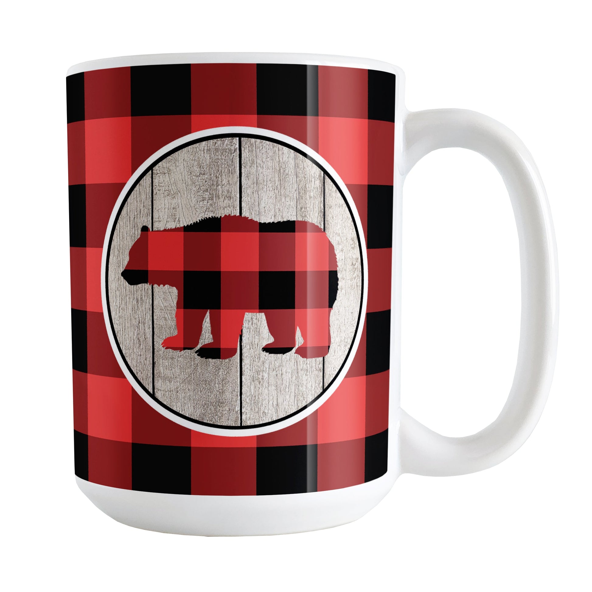 Rustic Red Buffalo Plaid Bear Mug (15oz) at Amy's Coffee Mugs. A ceramic coffee mug designed with a buffalo plaid bear on a rustic wood circle illustration on both sides of the mug over a red and black buffalo plaid pattern that wraps around the mug up to the handle.