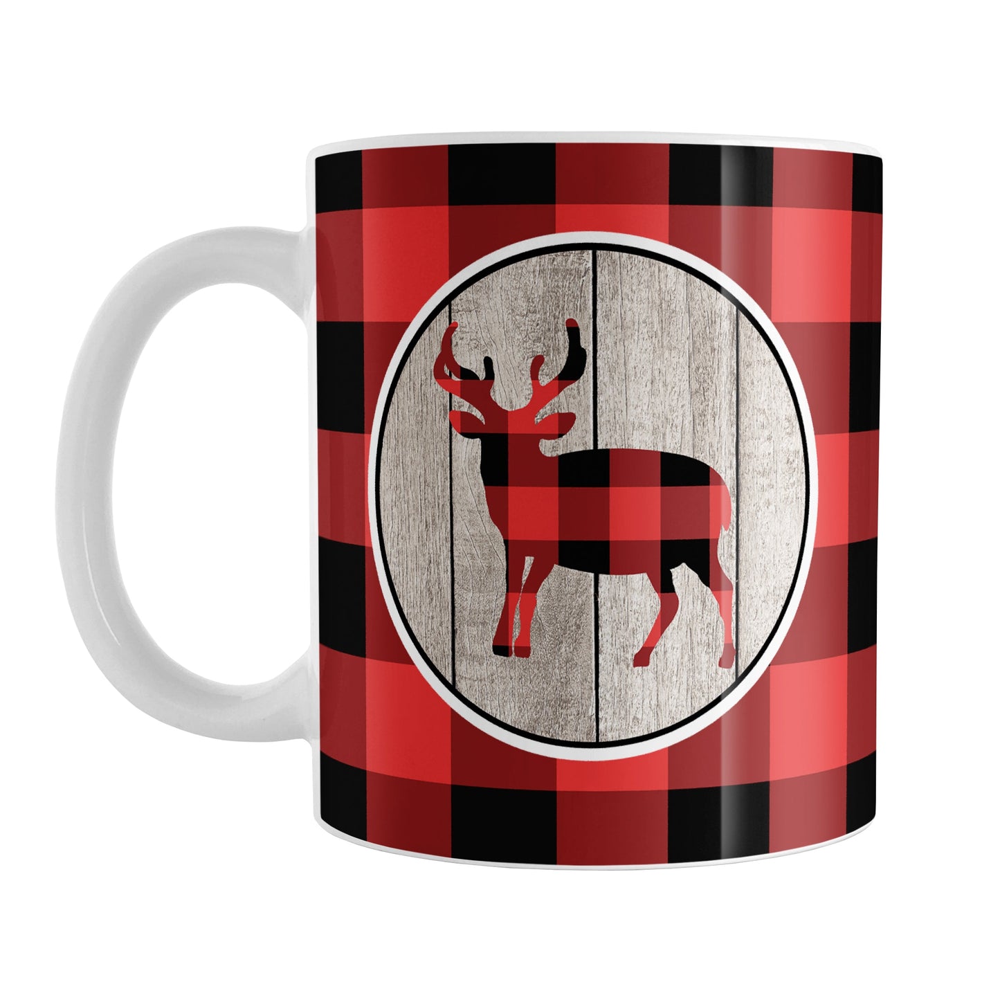 Rustic Red Buffalo Plaid Deer Mug (11oz) at Amy's Coffee Mugs. A ceramic coffee mug designed with a buffalo plaid deer on a rustic wood circle illustration on both sides of the mug over a red and black buffalo plaid pattern that wraps around the mug up to the handle.