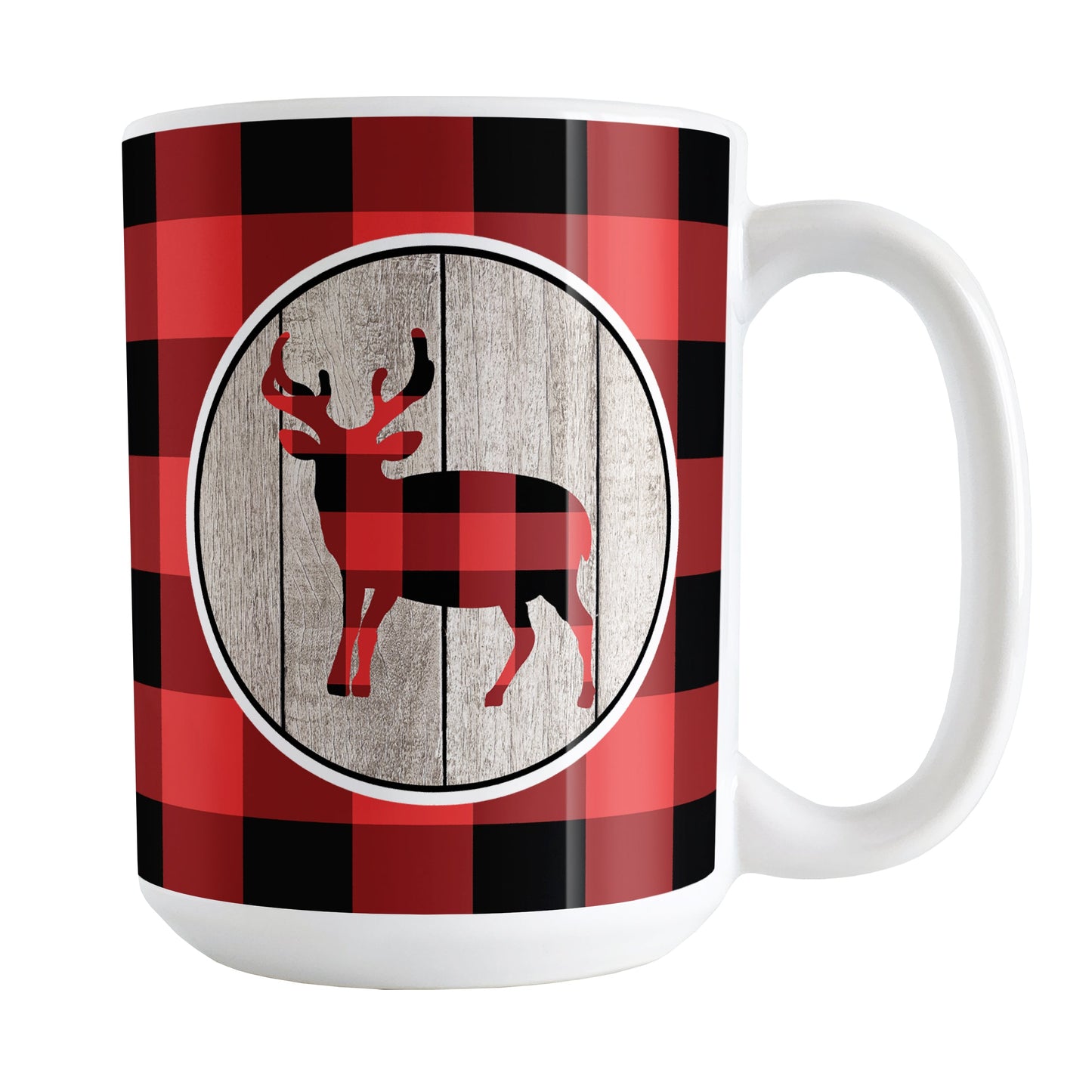 Rustic Red Buffalo Plaid Deer Mug (15oz) at Amy's Coffee Mugs. A ceramic coffee mug designed with a buffalo plaid deer on a rustic wood circle illustration on both sides of the mug over a red and black buffalo plaid pattern that wraps around the mug up to the handle.