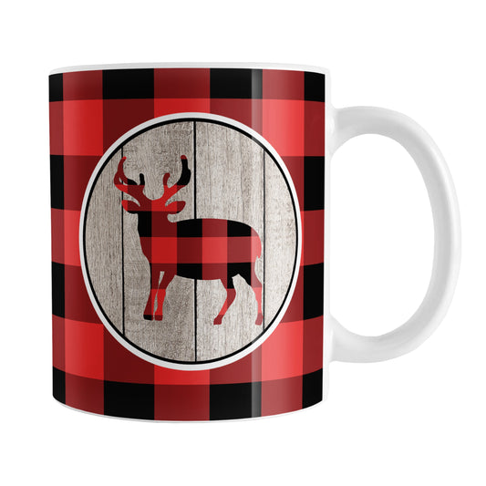 Rustic Red Buffalo Plaid Deer Mug (11oz) at Amy's Coffee Mugs. A ceramic coffee mug designed with a buffalo plaid deer on a rustic wood circle illustration on both sides of the mug over a red and black buffalo plaid pattern that wraps around the mug up to the handle.