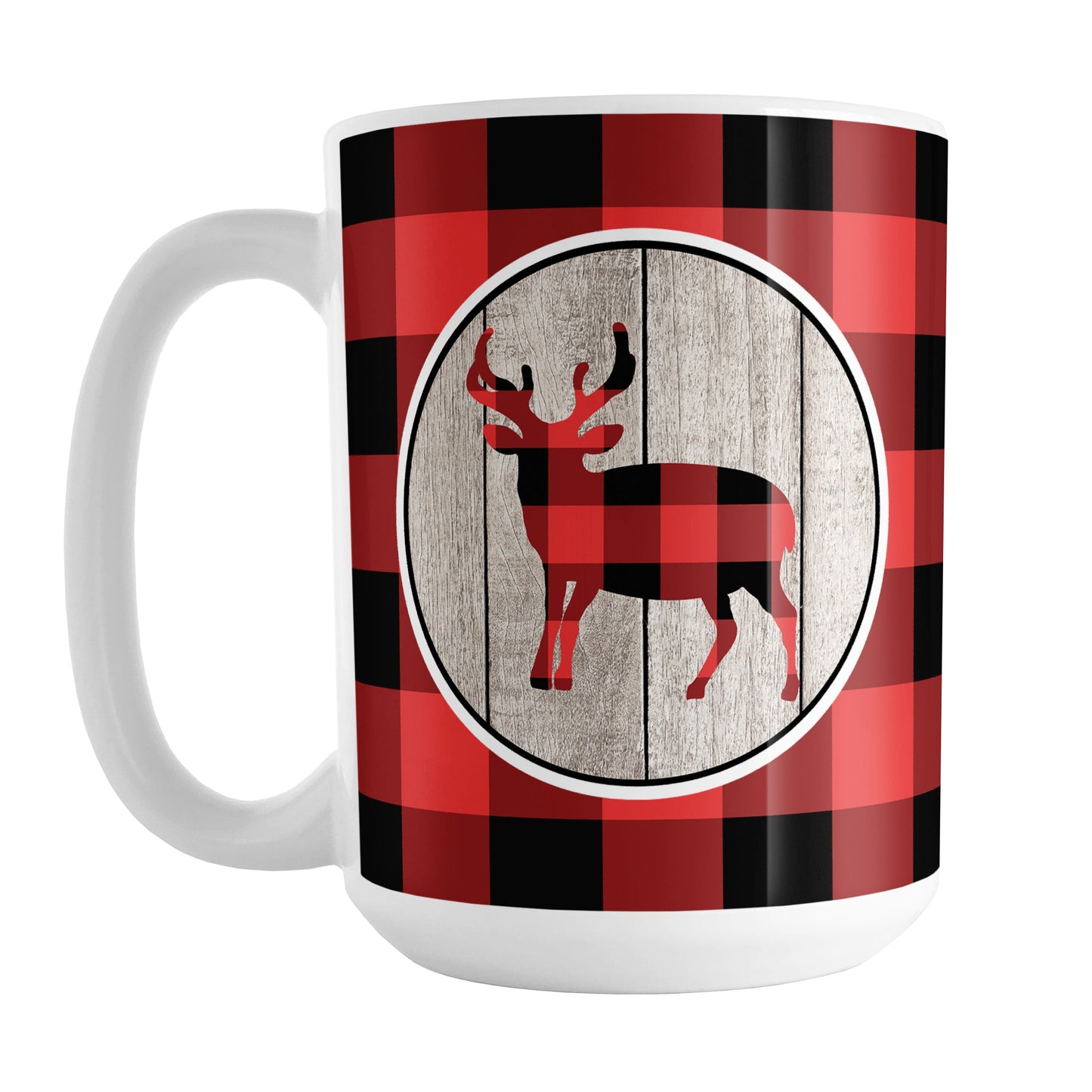 Rustic Red Buffalo Plaid Deer Mug (15oz) at Amy's Coffee Mugs. A ceramic coffee mug designed with a buffalo plaid deer on a rustic wood circle illustration on both sides of the mug over a red and black buffalo plaid pattern that wraps around the mug up to the handle.
