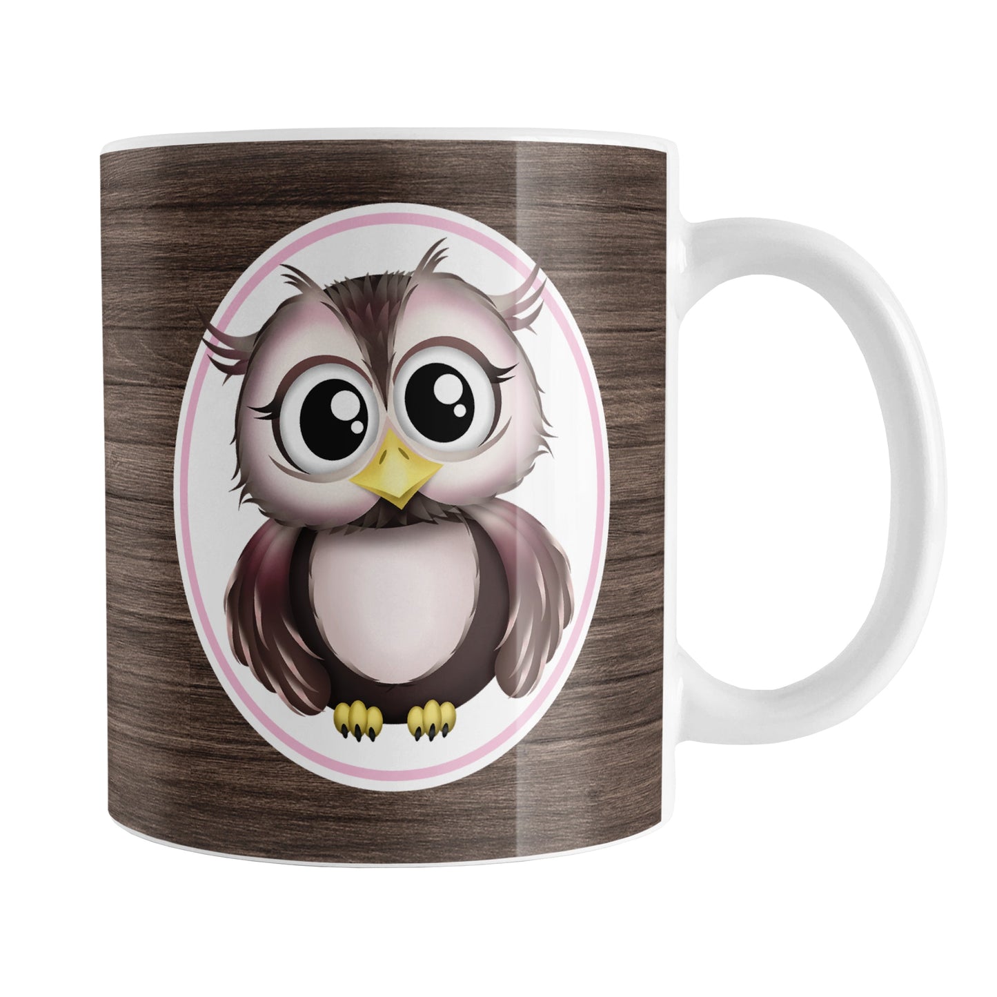 Rustic Wood Pink and Brown Owl Mug (11oz) at Amy's Coffee Mugs. A ceramic coffee mug designed with an adorable pink and brown owl in a white oval outlined in pink on both sides of the mug over a rustic wood background design that wraps around the mug up to the handle.