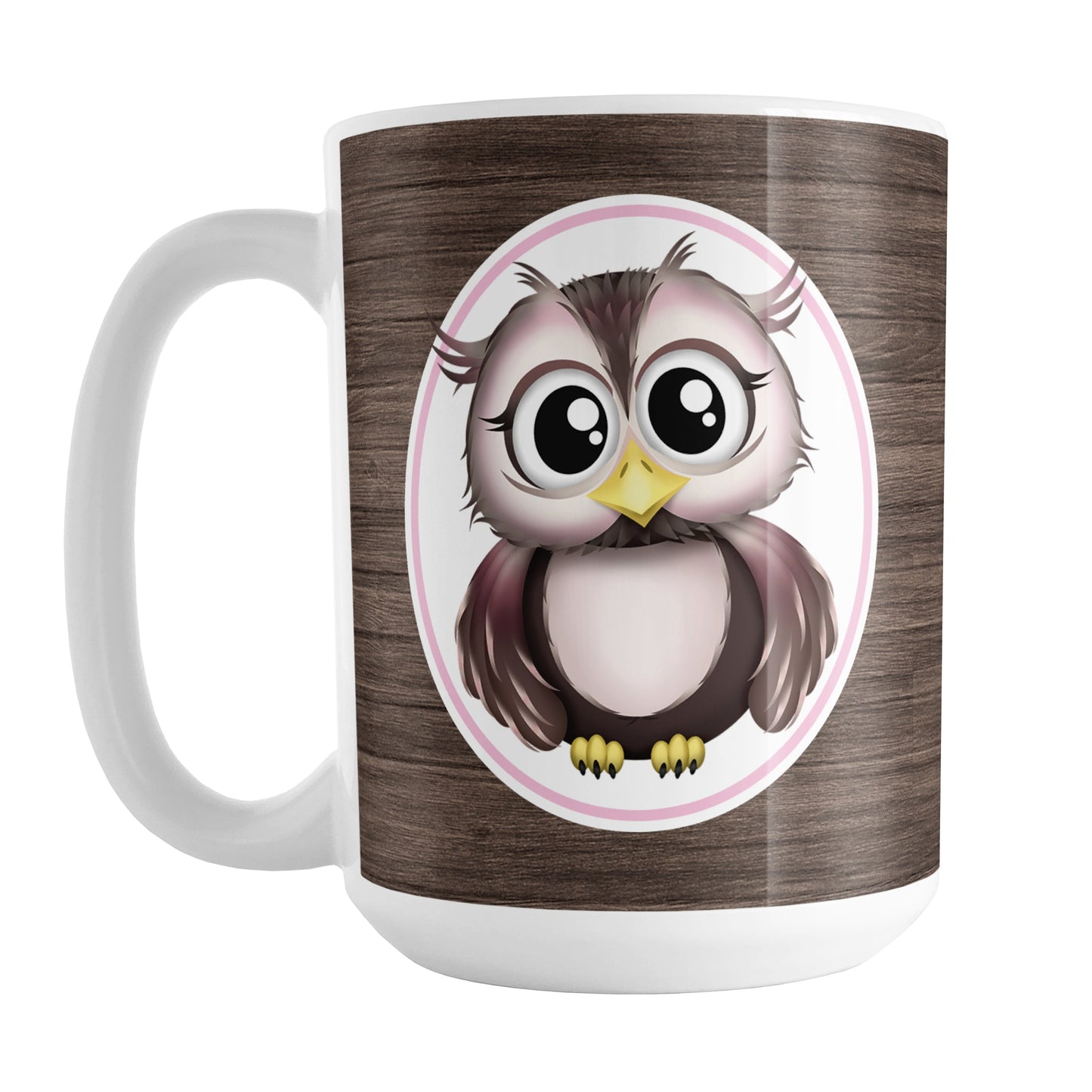 Rustic Wood Pink and Brown Owl Mug (15oz) at Amy's Coffee Mugs. A ceramic coffee mug designed with an adorable pink and brown owl in a white oval outlined in pink on both sides of the mug over a rustic wood background design that wraps around the mug up to the handle.