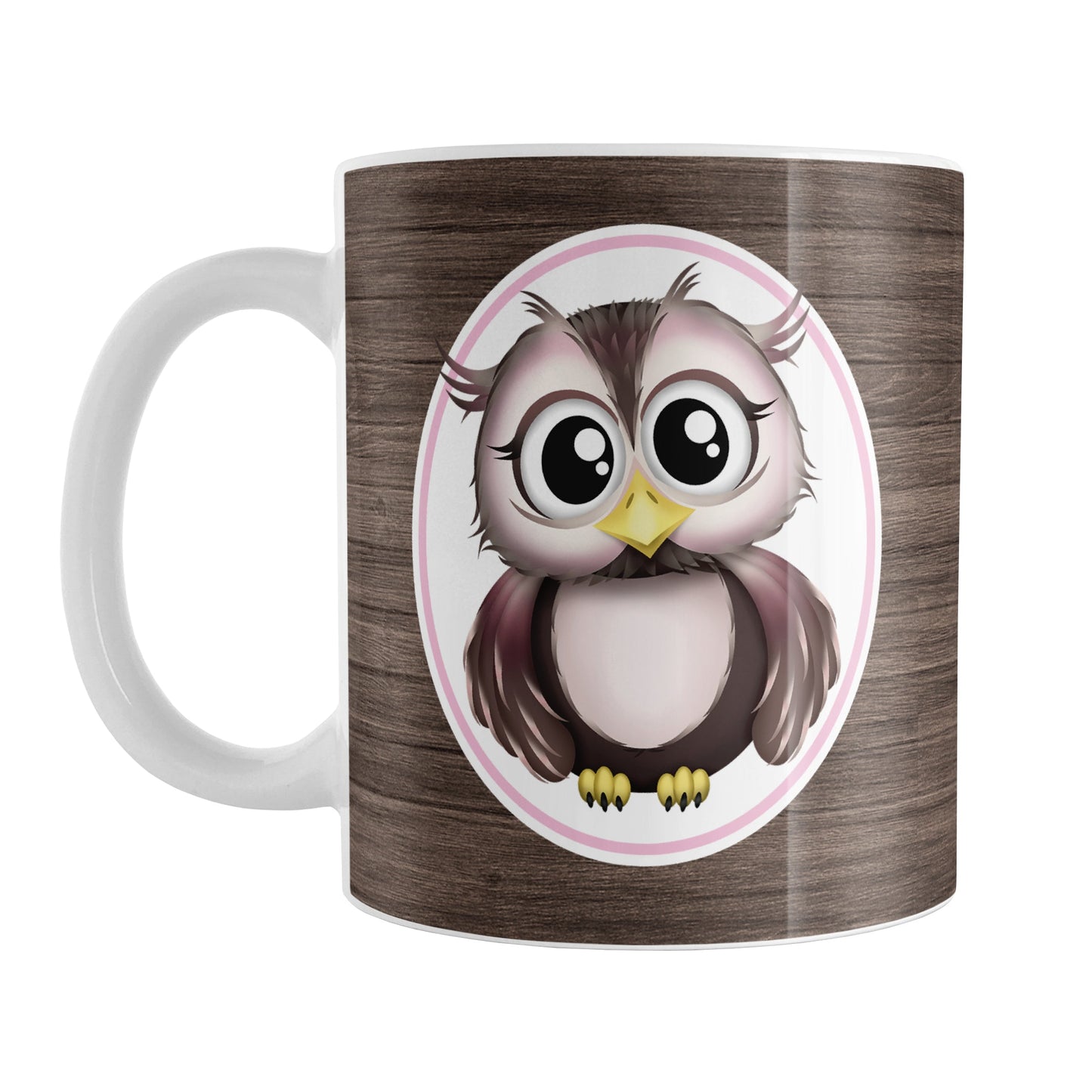 Rustic Wood Pink and Brown Owl Mug (11oz) at Amy's Coffee Mugs. A ceramic coffee mug designed with an adorable pink and brown owl in a white oval outlined in pink on both sides of the mug over a rustic wood background design that wraps around the mug up to the handle.