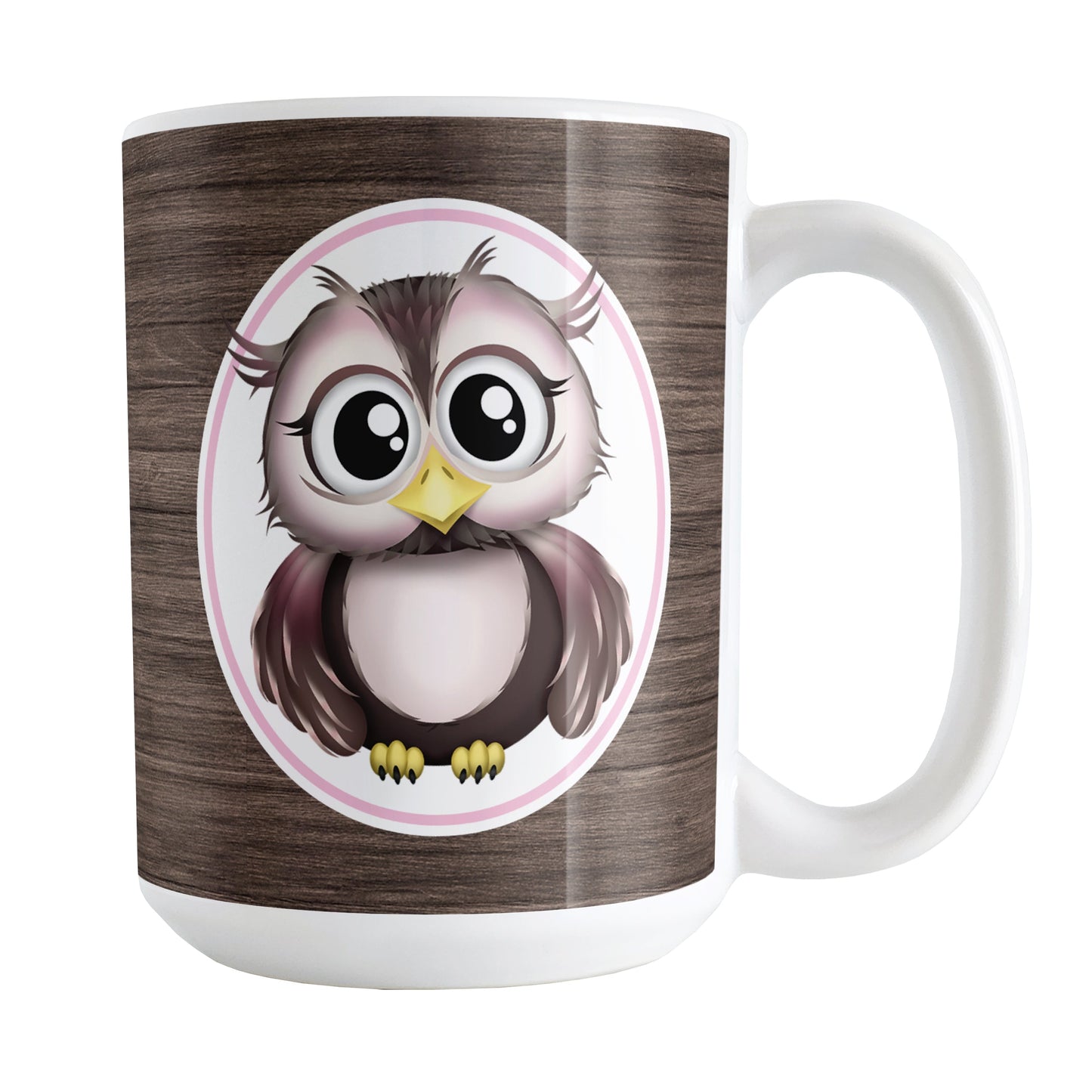 Rustic Wood Pink and Brown Owl Mug (15oz) at Amy's Coffee Mugs. A ceramic coffee mug designed with an adorable pink and brown owl in a white oval outlined in pink on both sides of the mug over a rustic wood background design that wraps around the mug up to the handle.