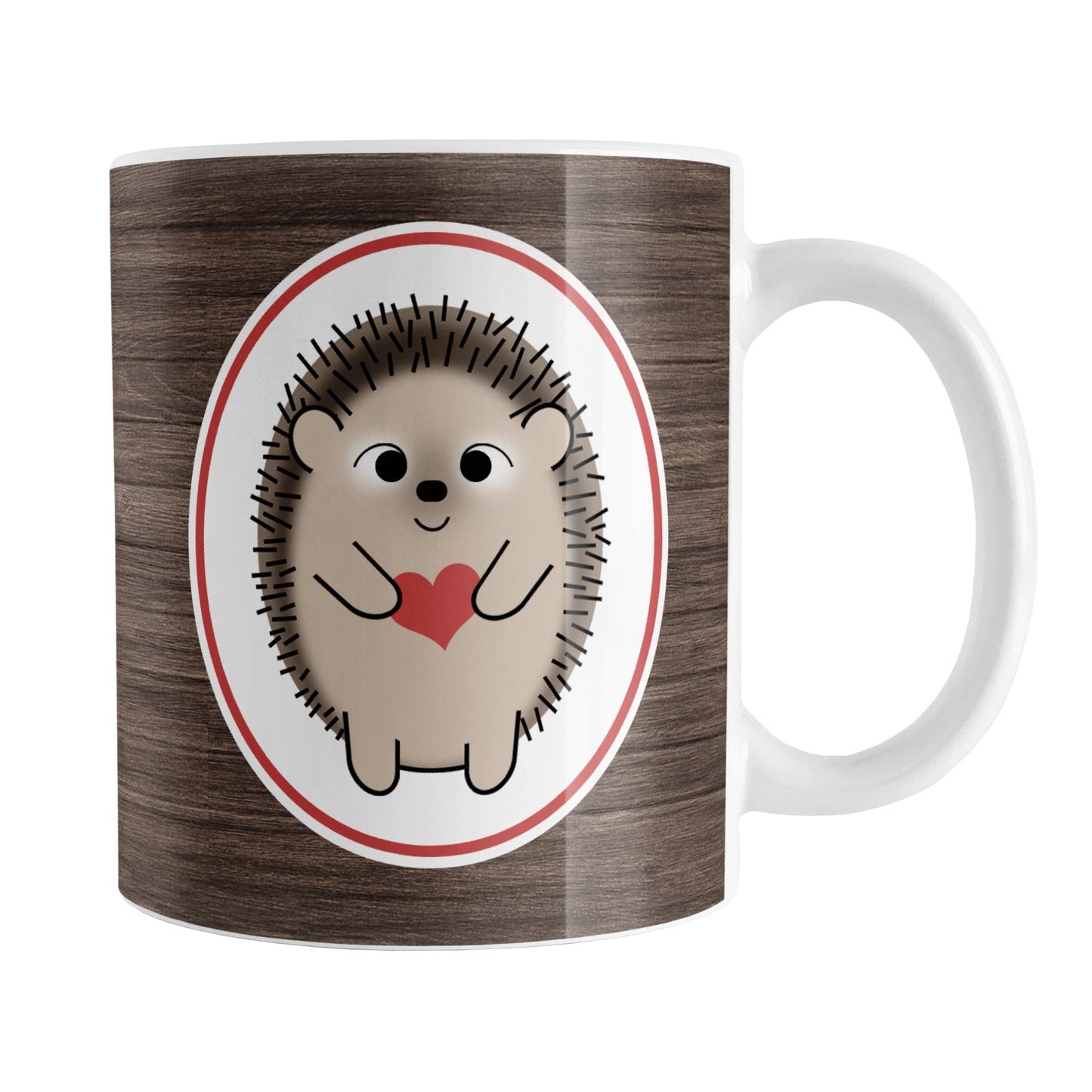 Rustic Wood Red Heart Hedgehog Mug (11oz) at Amy's Coffee Mugs. A ceramic coffee mug designed with an adorable brown hedgehog holding a red heart in a white oval outlined in red on both sides of the mug over a rustic wood background design that wraps around the mug up to the handle.