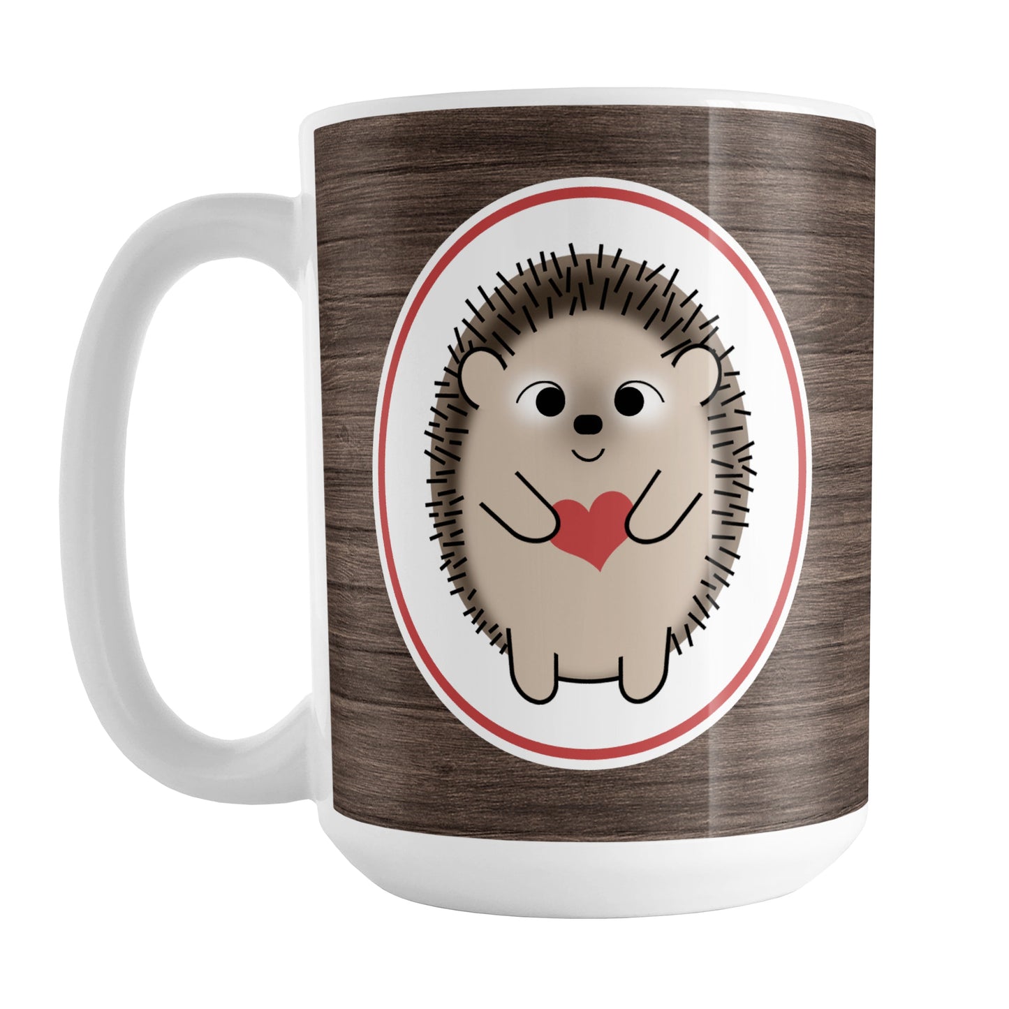 Rustic Wood Red Heart Hedgehog Mug (15oz) at Amy's Coffee Mugs. A ceramic coffee mug designed with an adorable brown hedgehog holding a red heart in a white oval outlined in red on both sides of the mug over a rustic wood background design that wraps around the mug up to the handle.