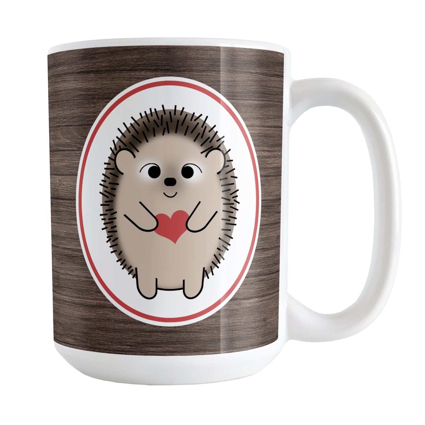 Rustic Wood Red Heart Hedgehog Mug (15oz) at Amy's Coffee Mugs. A ceramic coffee mug designed with an adorable brown hedgehog holding a red heart in a white oval outlined in red on both sides of the mug over a rustic wood background design that wraps around the mug up to the handle.