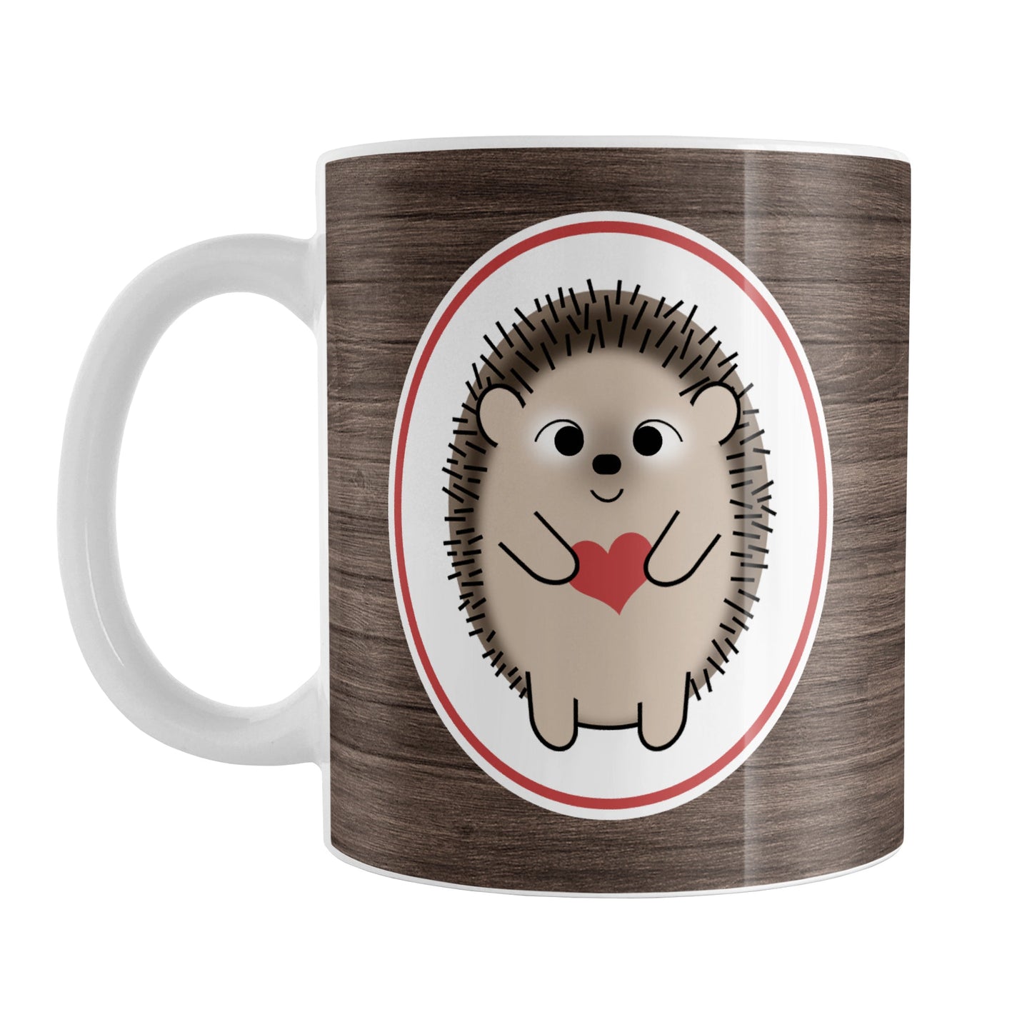 Rustic Wood Red Heart Hedgehog Mug (11oz) at Amy's Coffee Mugs. A ceramic coffee mug designed with an adorable brown hedgehog holding a red heart in a white oval outlined in red on both sides of the mug over a rustic wood background design that wraps around the mug up to the handle.