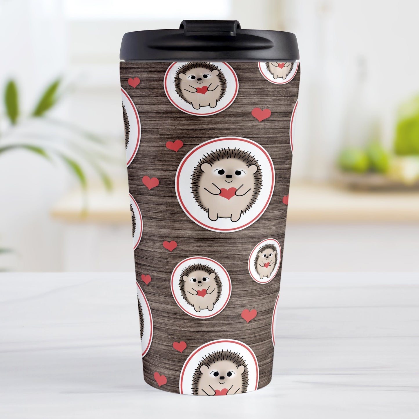 Rustic Wood Red Heart Hedgehog Travel Mug (15oz, stainless steel insulated) at Amy's Coffee Mugs. A travel mug designed with a pattern of hedgehogs holding red hearts in ovals outlined in red and scattered red hearts in a pattern over a rustic wood background design that wraps around the mug.