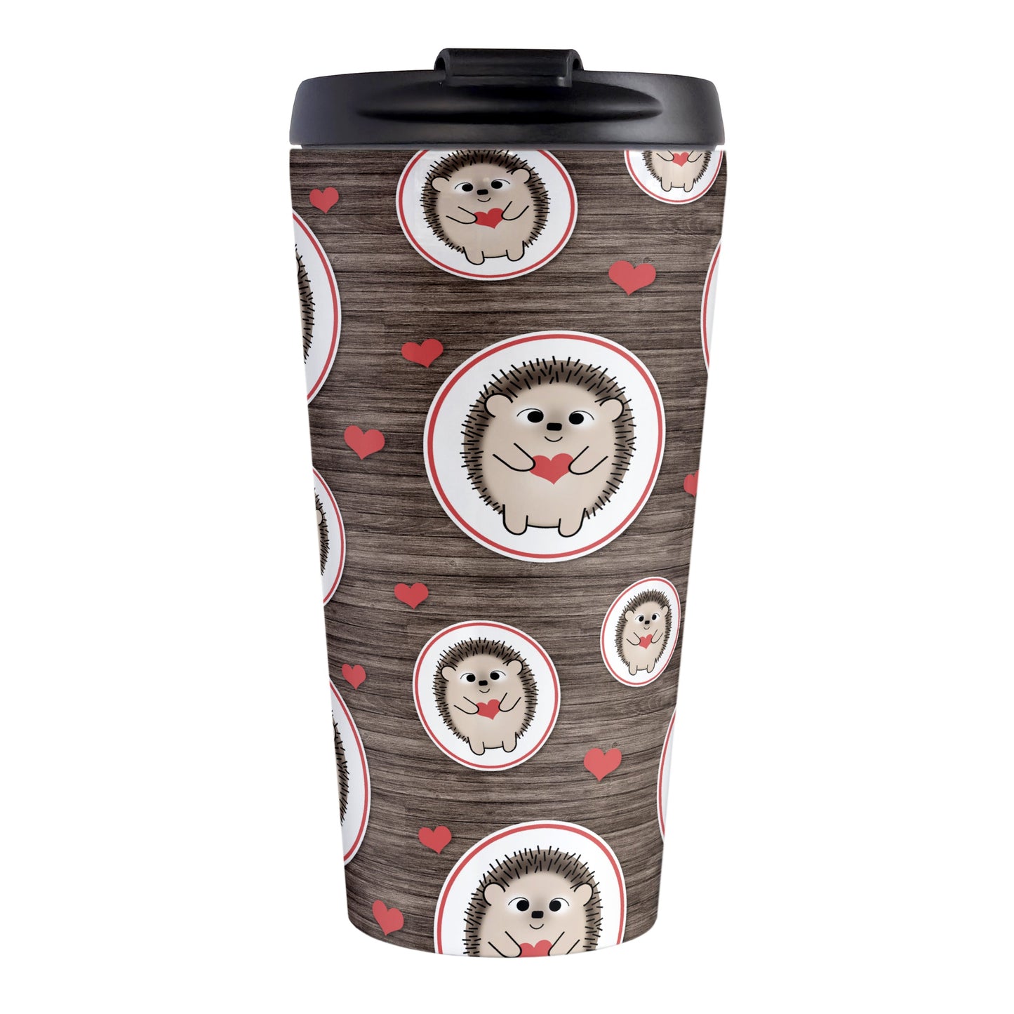 Rustic Wood Red Heart Hedgehog Travel Mug (15oz, stainless steel insulated) at Amy's Coffee Mugs. A travel mug designed with a pattern of hedgehogs holding red hearts in ovals outlined in red and scattered red hearts in a pattern over a rustic wood background design that wraps around the mug.