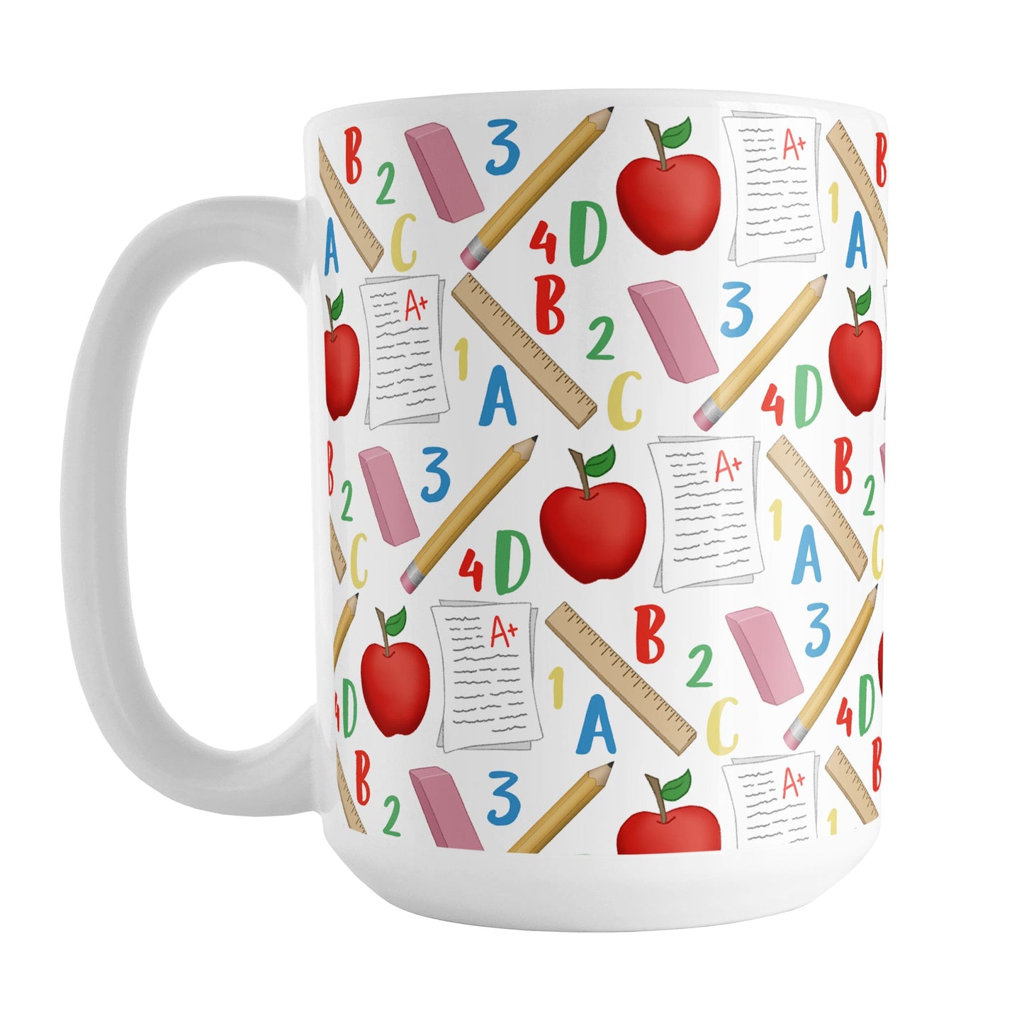 School Pattern Mug (15oz) at Amy's Coffee Mugs. A ceramic coffee mug designed with a school-themed pattern with apples, rulers, erasers, graded papers, numbers, and letters that wraps around the mug to the handle.