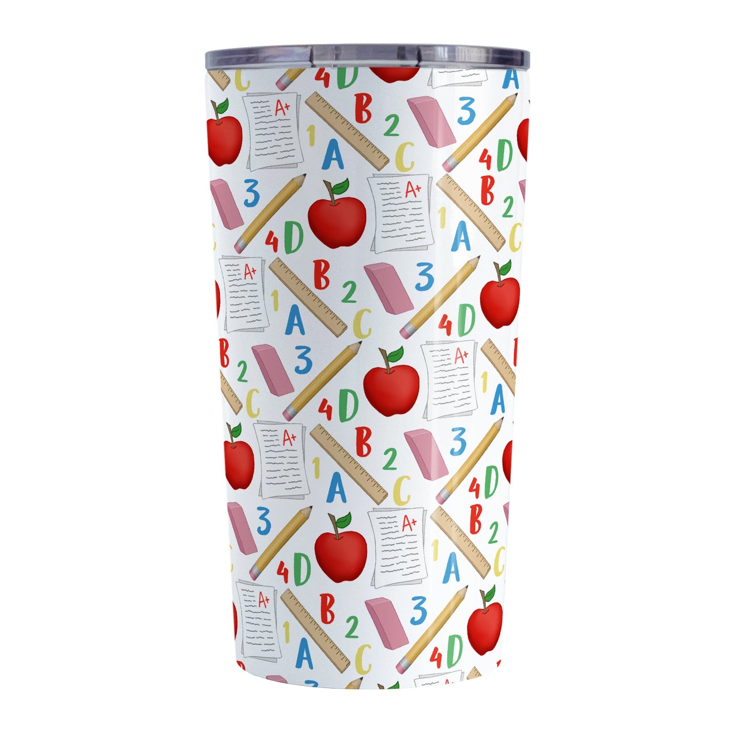 School Pattern Tumbler Cup (20oz) at Amy's Coffee Mugs. A stainless steel tumbler cup designed with a school-themed pattern that wraps around the cup with apples, rulers, erasers, graded papers, numbers, and letters.