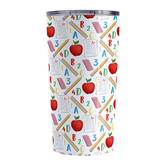 School Pattern Tumbler Cup (20oz) at Amy's Coffee Mugs. A stainless steel tumbler cup designed with a school-themed pattern that wraps around the cup with apples, rulers, erasers, graded papers, numbers, and letters.