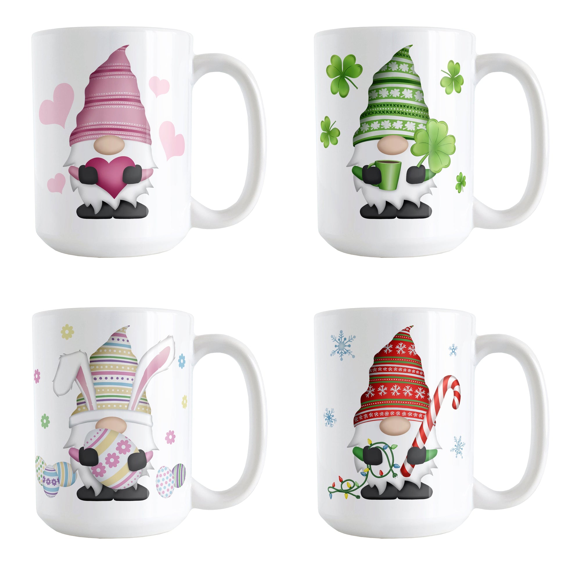 Set of 4 Holiday Gnome Mugs in 15oz size featuring designs and illustrations of gnomes in 4 holiday themes including Valentine's Day, St. Patrick's Day, Easter, and Christmas.