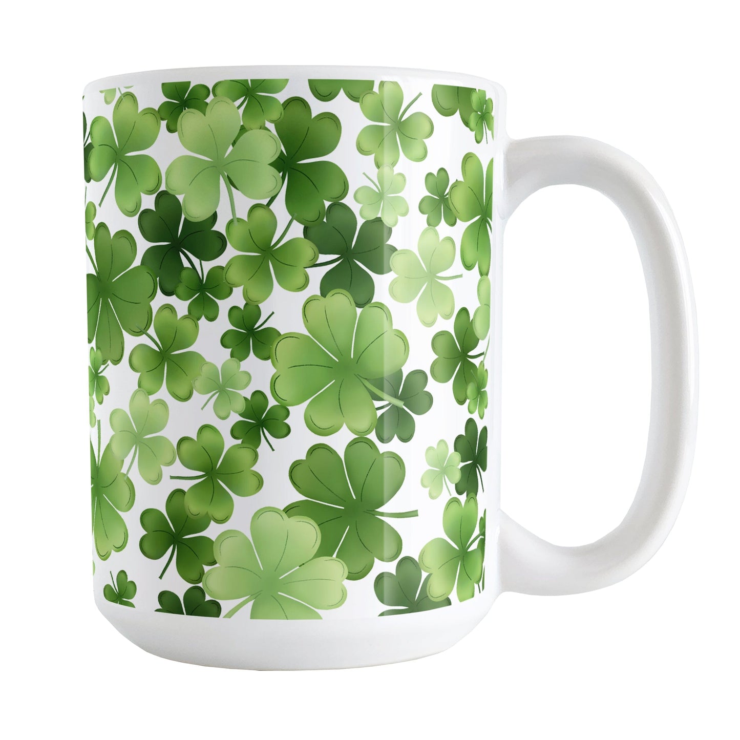Shamrocks and 4-Leaf Clovers Mug (15oz) at Amy's Coffee Mugs. A ceramic coffee mug designed with an organic-like pattern of green shamrocks and 4-leaf clovers in different shades of green. This illustrated pattern is printed around the mug to the handle. It's perfect for anyone who loves clovers and shamrocks or wants a new mug for St. Patrick's Day.