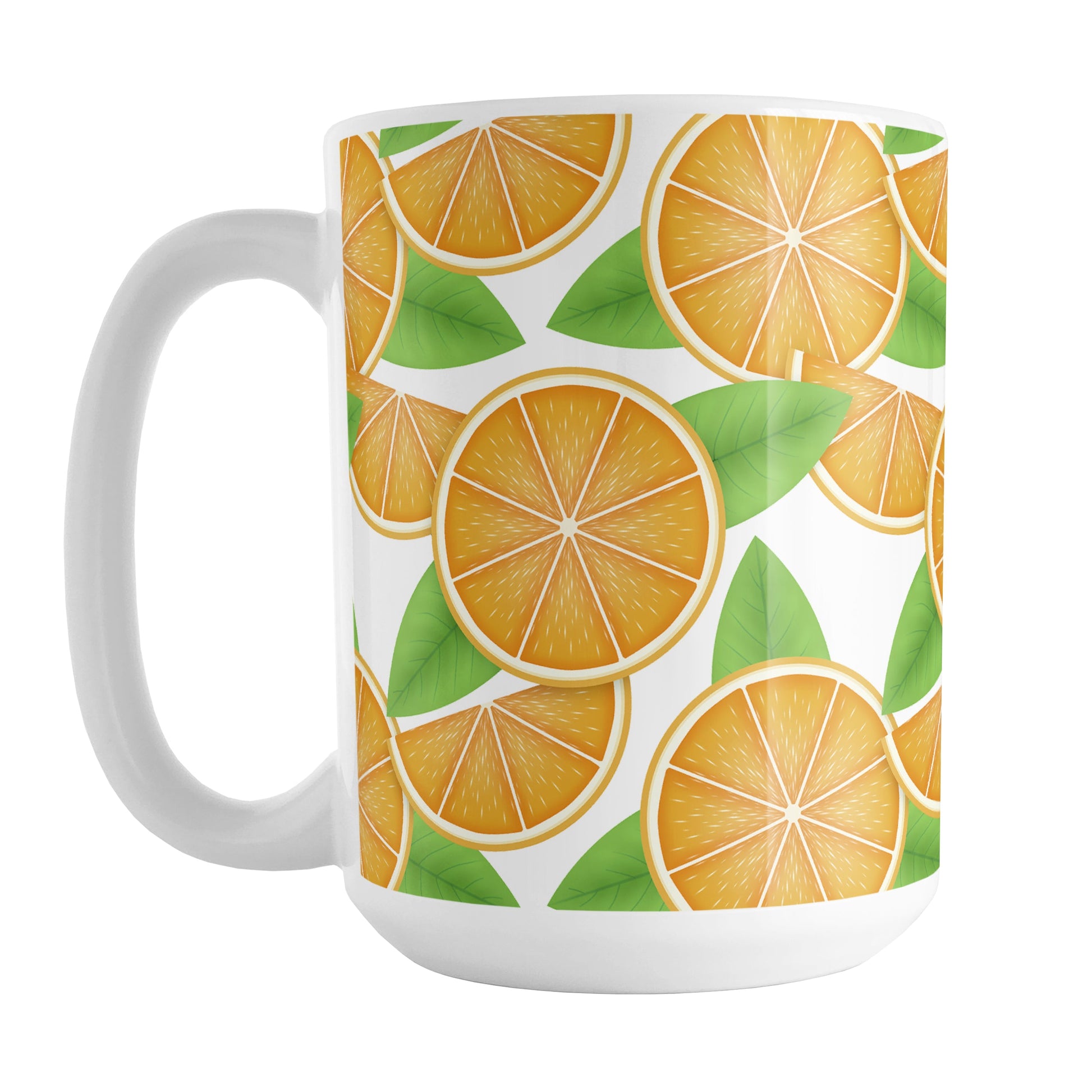 Sliced Oranges Mug (15oz) at Amy's Coffee Mugs. A ceramic coffee mug designed with an illustration of sliced oranges in halves and wedges with green leaves in a pattern that wraps around the mug to the handle.