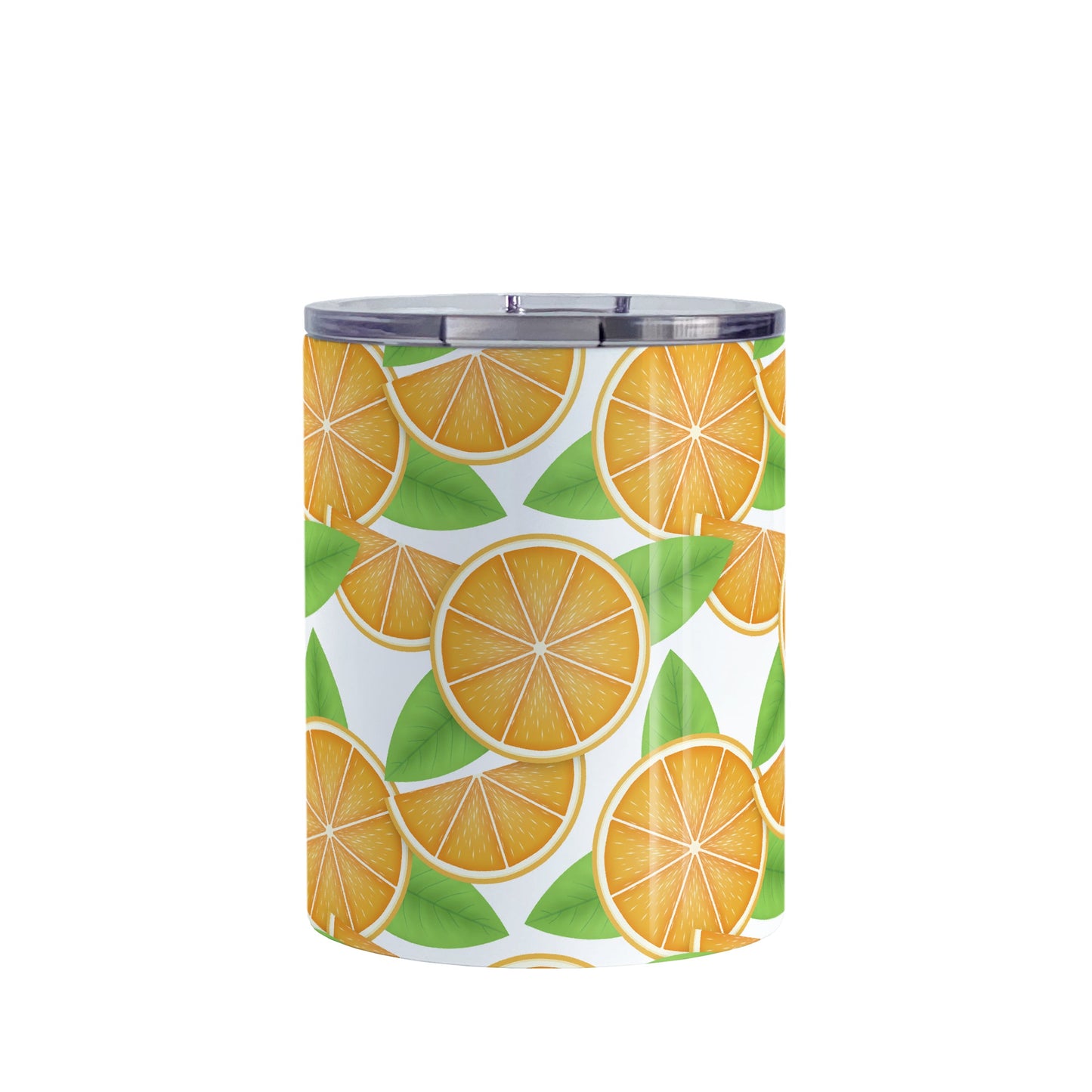 Sliced Oranges Tumbler Cup (10oz, stainless steel insulated) at Amy's Coffee Mugs. A tumbler cup designed with an illustration of sliced oranges in halves and wedges with green leaves in a pattern that wraps around the cup.