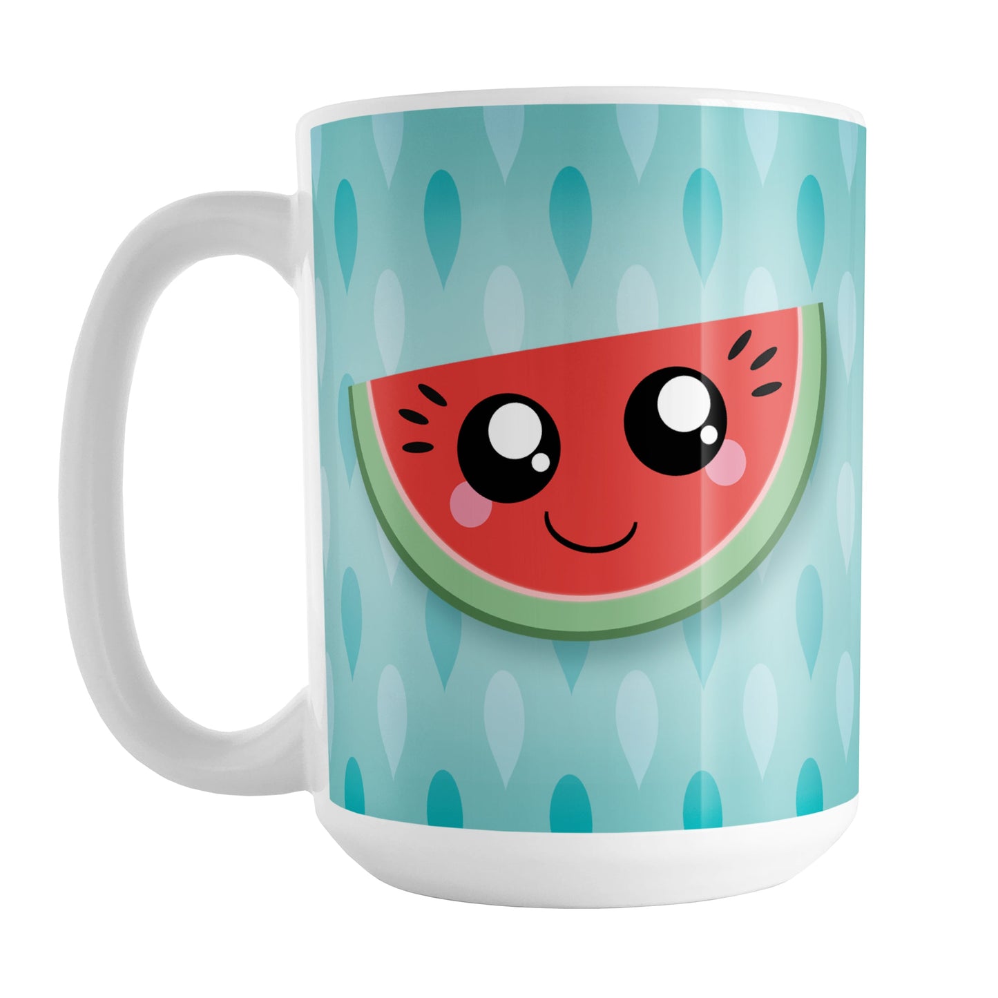 Smiling Watermelon Slice Turquoise Mug (15oz) at Amy's Coffee Mugs. A ceramic coffee mug designed with a red and green, happy and smiling watermelon slice on both sides of the mug over a gradient turquoise seed pattern background that wraps around the mug up to the handle.