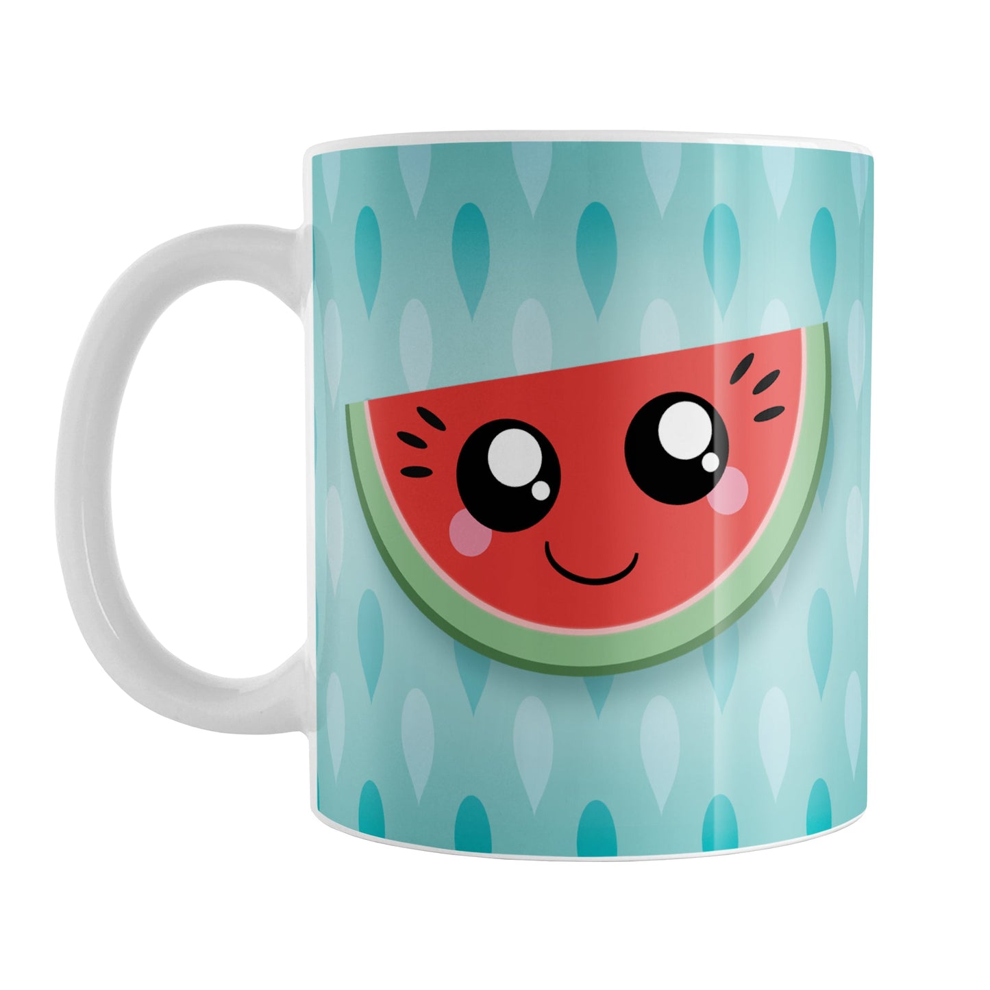 Smiling Watermelon Slice Turquoise Mug (11oz) at Amy's Coffee Mugs. A ceramic coffee mug designed with a red and green, happy and smiling watermelon slice on both sides of the mug over a gradient turquoise seed pattern background that wraps around the mug up to the handle.