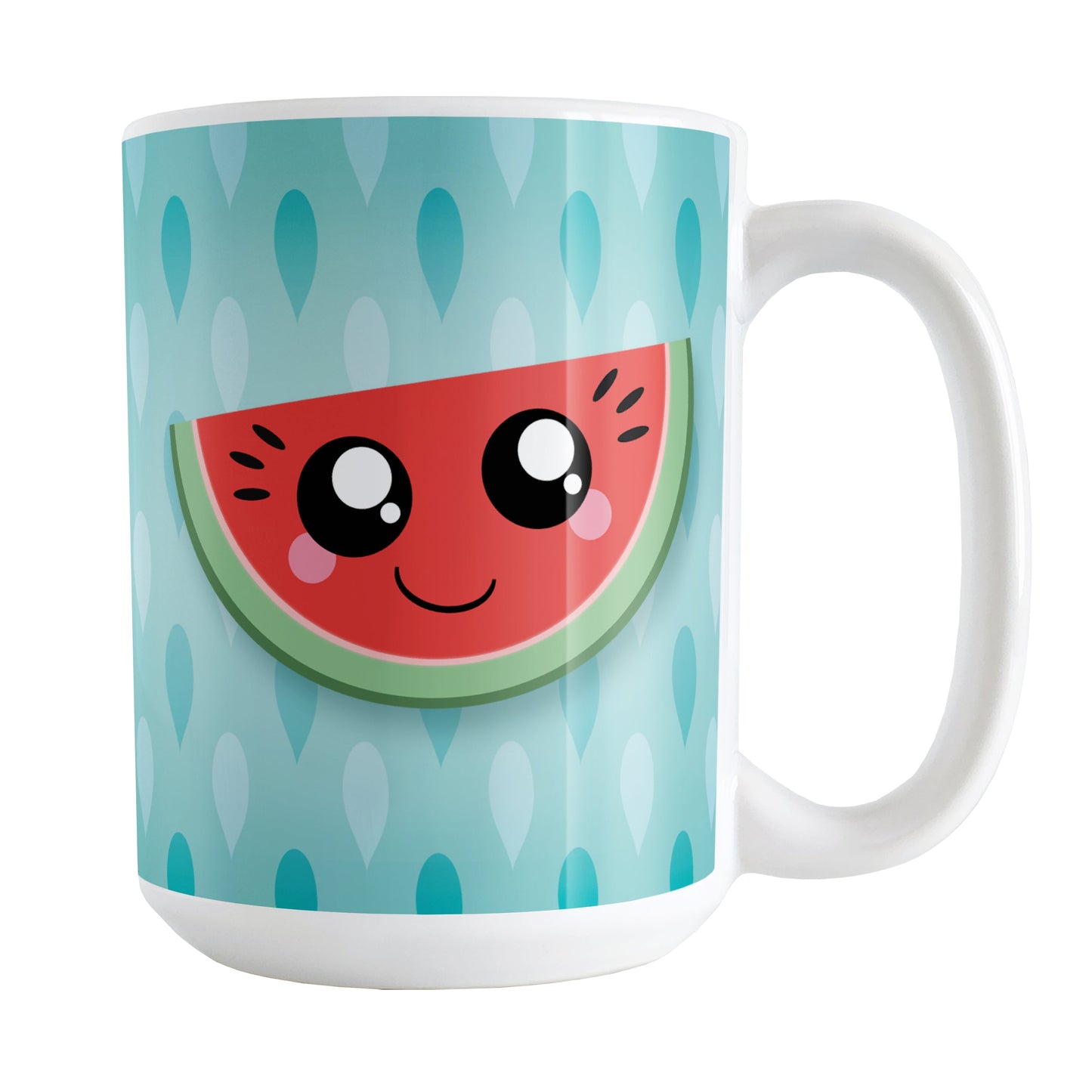 Smiling Watermelon Slice Turquoise Mug (15oz) at Amy's Coffee Mugs. A ceramic coffee mug designed with a red and green, happy and smiling watermelon slice on both sides of the mug over a gradient turquoise seed pattern background that wraps around the mug up to the handle.