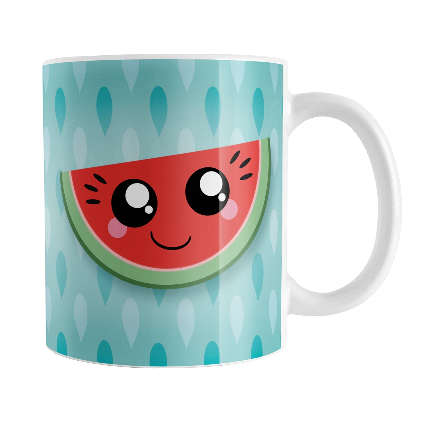 Smiling Watermelon Slice Turquoise Mug (11oz) at Amy's Coffee Mugs. A ceramic coffee mug designed with a red and green, happy and smiling watermelon slice on both sides of the mug over a gradient turquoise seed pattern background that wraps around the mug up to the handle.