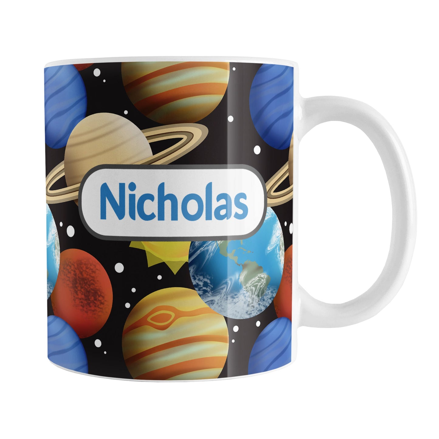 Space Planets Pattern Personalized Space Mug (11oz) at Amy's Coffee Mugs. A ceramic coffee mug designed with a space-themed pattern of planets, the sun, and stars over black that wraps around the mug up to the handle. The planets in this clustered illustration include Earth, Mars, Neptune, Jupiter, and Saturn. Your personalized name is printed in blue within a white rounded rectangular design on both sides of the mug.