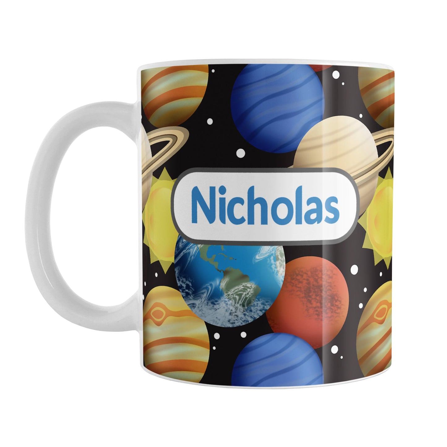 Space Planets Pattern Personalized Space Mug (11oz) at Amy's Coffee Mugs. A ceramic coffee mug designed with a space-themed pattern of planets, the sun, and stars over black that wraps around the mug up to the handle. The planets in this clustered illustration include Earth, Mars, Neptune, Jupiter, and Saturn. Your personalized name is printed in blue within a white rounded rectangular design on both sides of the mug.