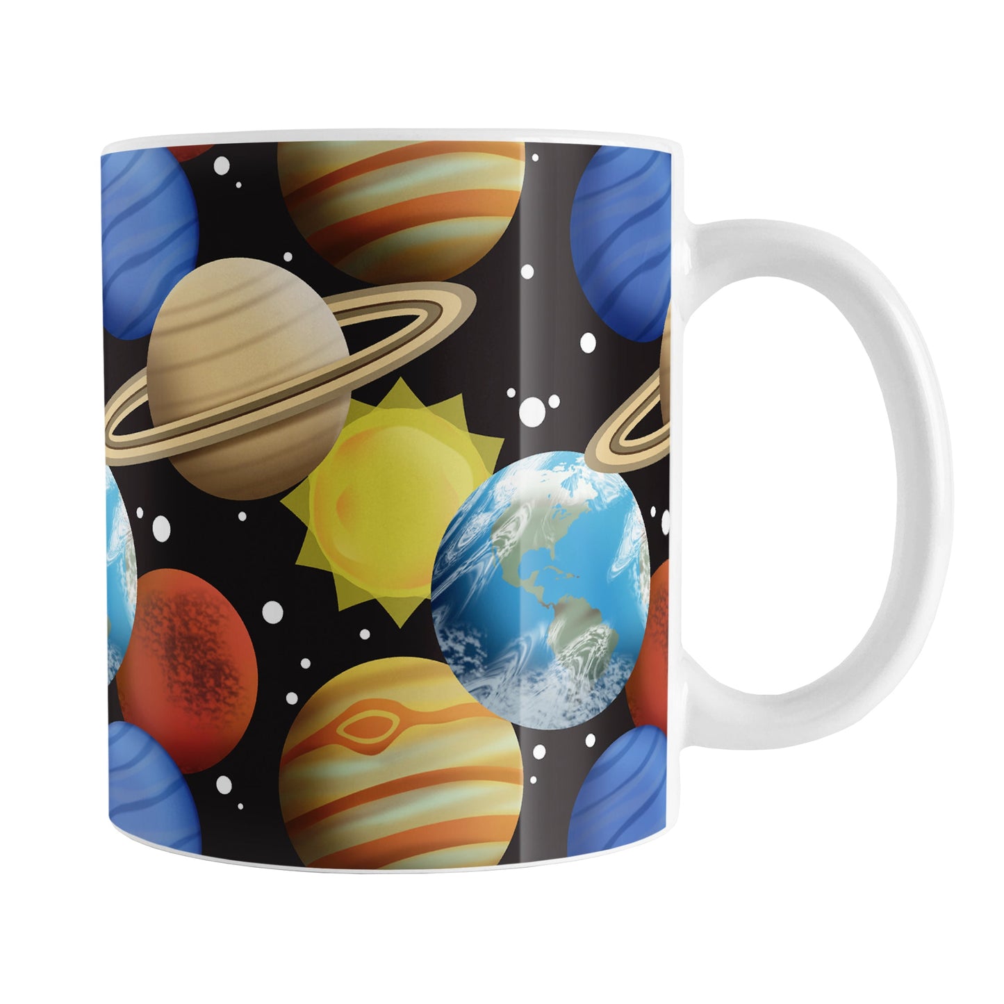 Space Planets Pattern - Space Mug (11oz) at Amy's Coffee Mugs. A ceramic coffee mug designed with a space themed pattern of planets, the sun, and stars over black that wraps around the mug up to the handle. The planets include Earth, Mars, Neptune, Jupiter, and Saturn.