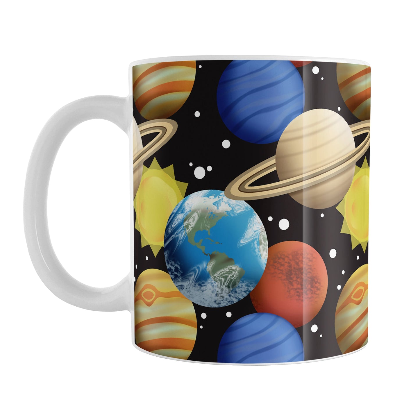 Space Planets Pattern - Space Mug (11oz) at Amy's Coffee Mugs. A ceramic coffee mug designed with a space themed pattern of planets, the sun, and stars over black that wraps around the mug up to the handle. The planets include Earth, Mars, Neptune, Jupiter, and Saturn.