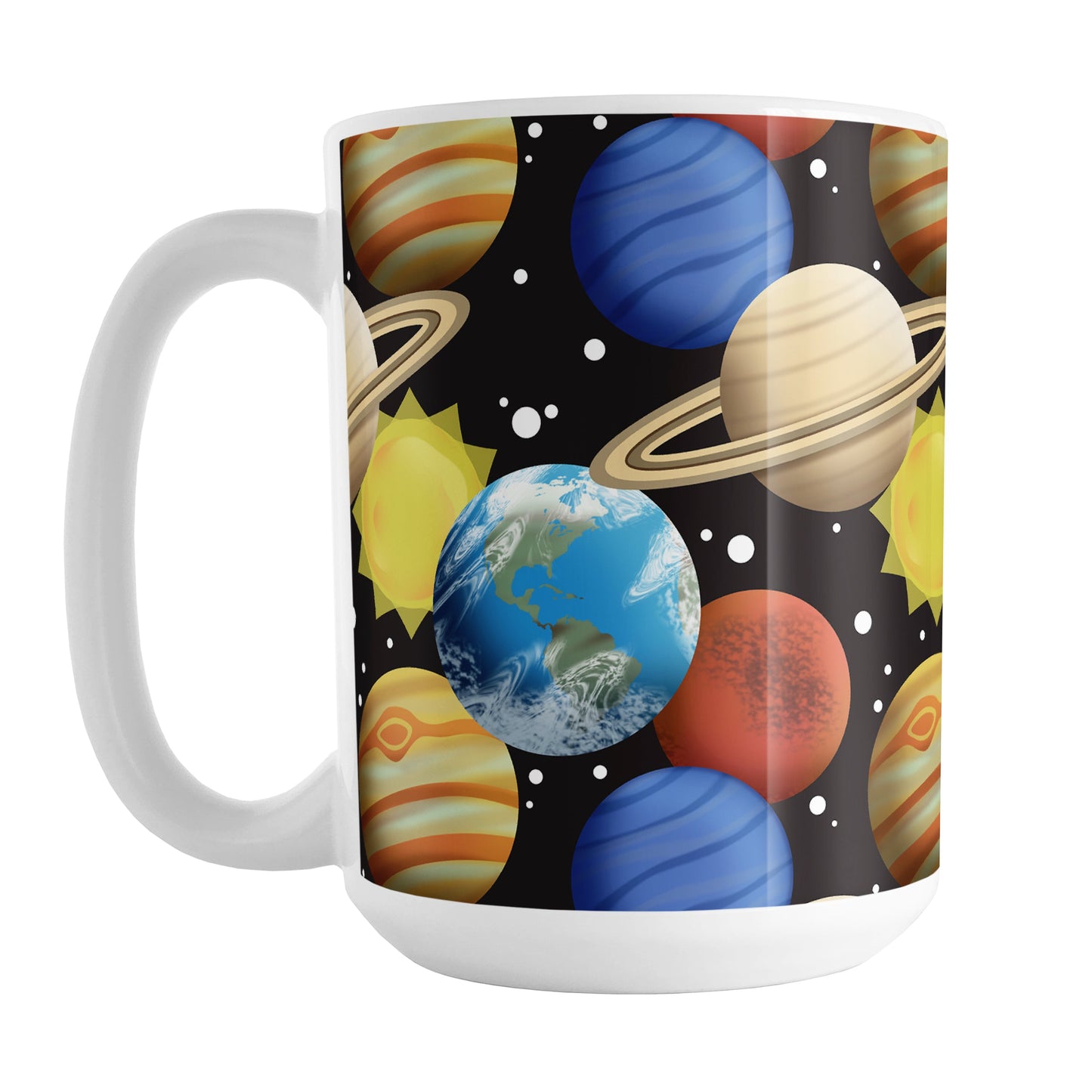 Space Planets Pattern - Space Mug (15oz) at Amy's Coffee Mugs. A ceramic coffee mug designed with a space themed pattern of planets, the sun, and stars over black that wraps around the mug up to the handle. The planets include Earth, Mars, Neptune, Jupiter, and Saturn.