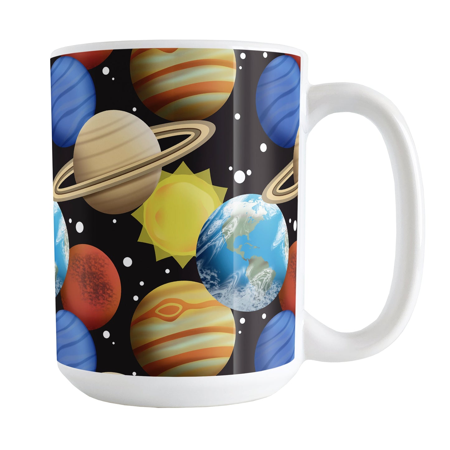 Space Planets Pattern - Space Mug (15oz) at Amy's Coffee Mugs. A ceramic coffee mug designed with a space themed pattern of planets, the sun, and stars over black that wraps around the mug up to the handle. The planets include Earth, Mars, Neptune, Jupiter, and Saturn.