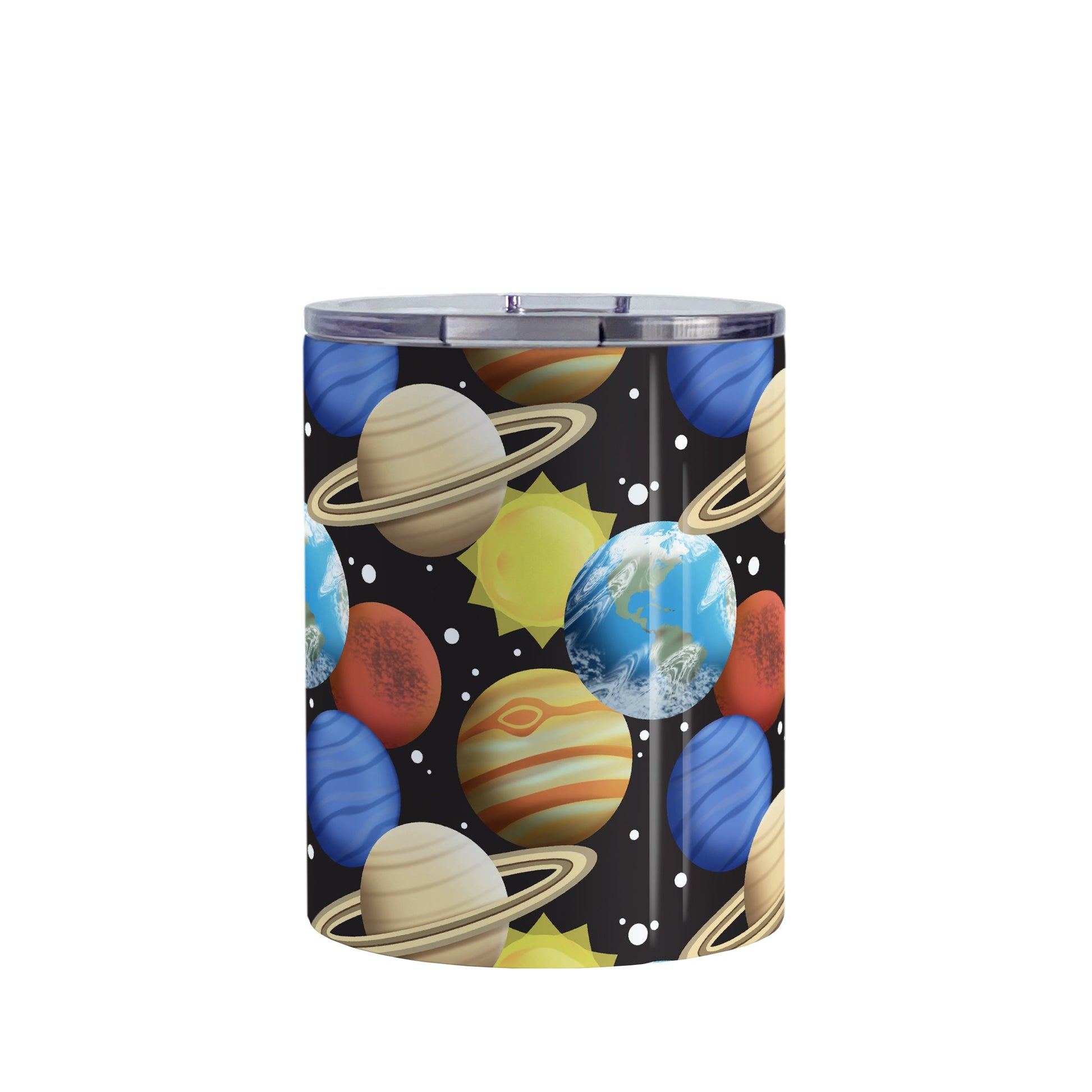 Space Planets Pattern - Space Tumbler Cup (10oz, stainless steel insulated) at Amy's Coffee Mugs. A tumbler cup designed with a space themed pattern of planets, the sun, and stars over black that wraps around the cup. The planets include Earth, Mars, Neptune, Jupiter, and Saturn.