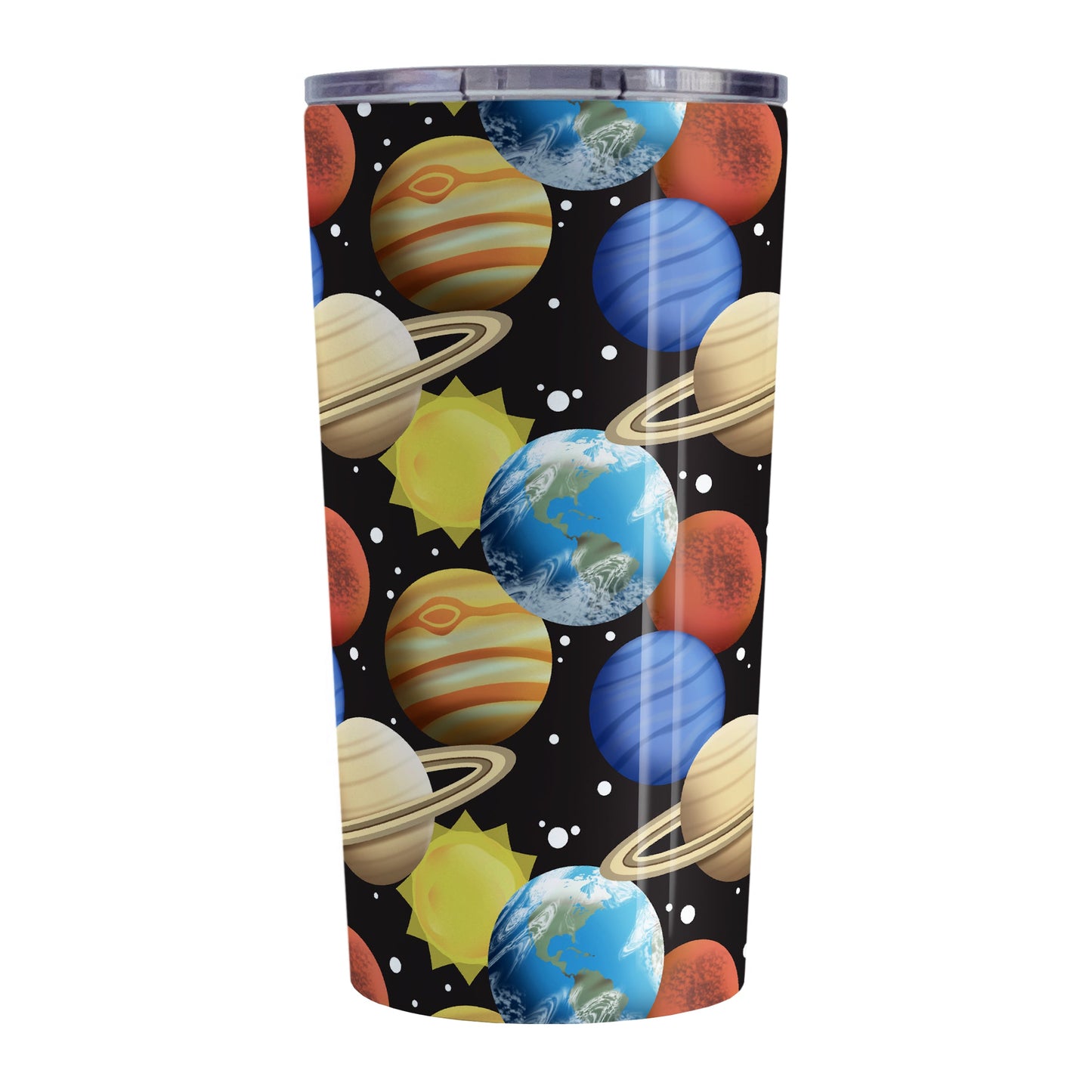 Space Planets Pattern - Space Tumbler Cup (20oz, stainless steel insulated) at Amy's Coffee Mugs. A tumbler cup designed with a space themed pattern of planets, the sun, and stars over black that wraps around the cup. The planets include Earth, Mars, Neptune, Jupiter, and Saturn.