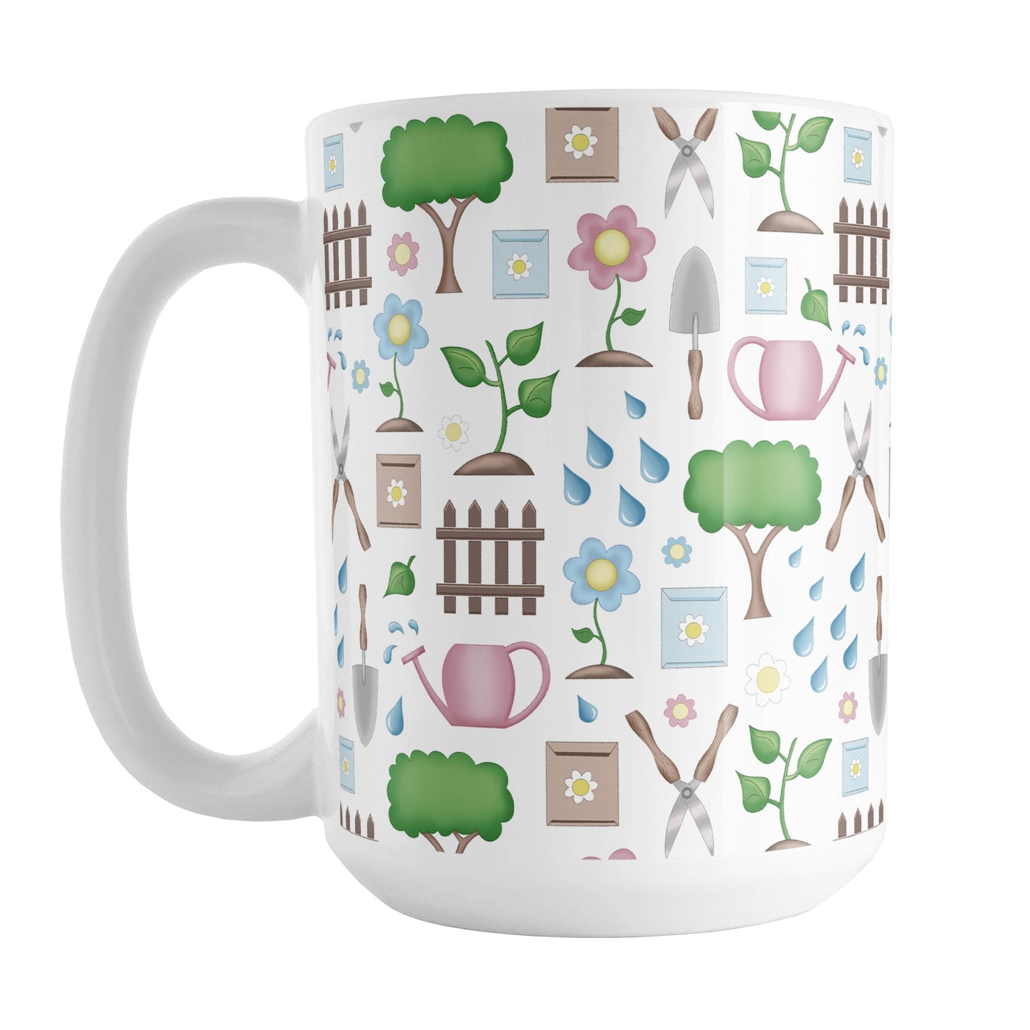 Spring Gardening Pattern Mug (15oz) at Amy's Coffee Mugs. A ceramic coffee mug designed with a springtime gardening pattern with trees, plants, flowers, seed packets, watering cans, fences, and gardening tools in spring colors such as pink, blue, green, and brown.