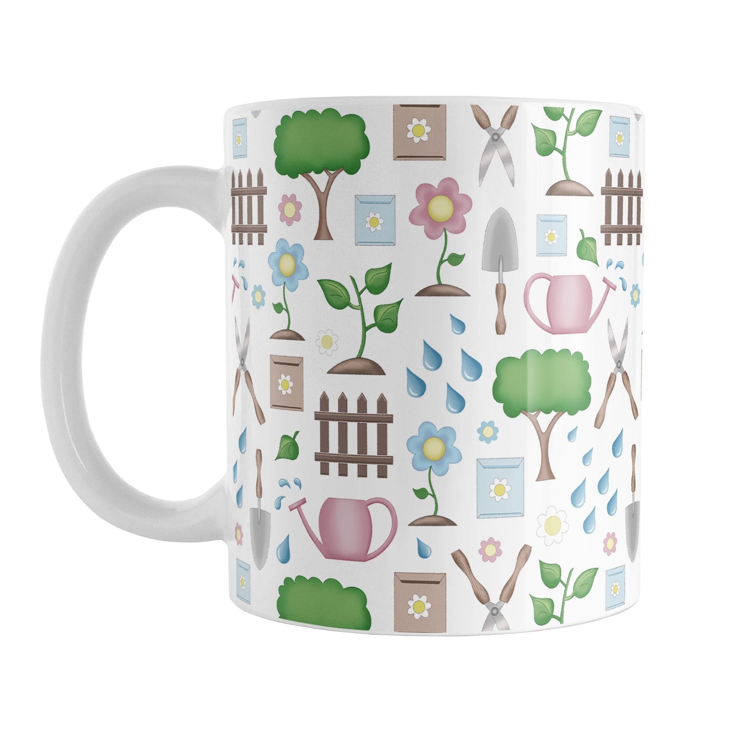 Spring Gardening Pattern Mug (11oz) at Amy's Coffee Mugs. A ceramic coffee mug designed with a springtime gardening pattern with trees, plants, flowers, seed packets, watering cans, fences, and gardening tools in spring colors such as pink, blue, green, and brown.