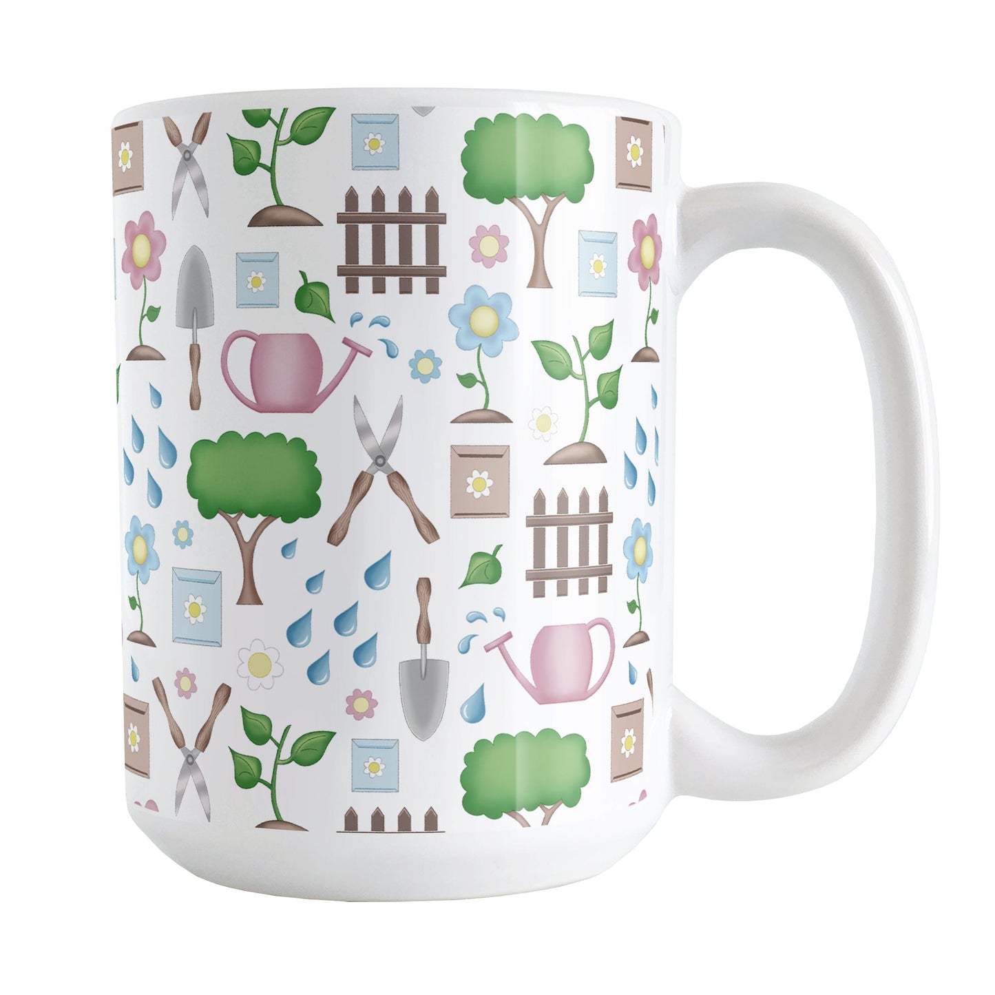 Spring Gardening Pattern Mug (15oz) at Amy's Coffee Mugs. A ceramic coffee mug designed with a springtime gardening pattern with trees, plants, flowers, seed packets, watering cans, fences, and gardening tools in spring colors such as pink, blue, green, and brown.