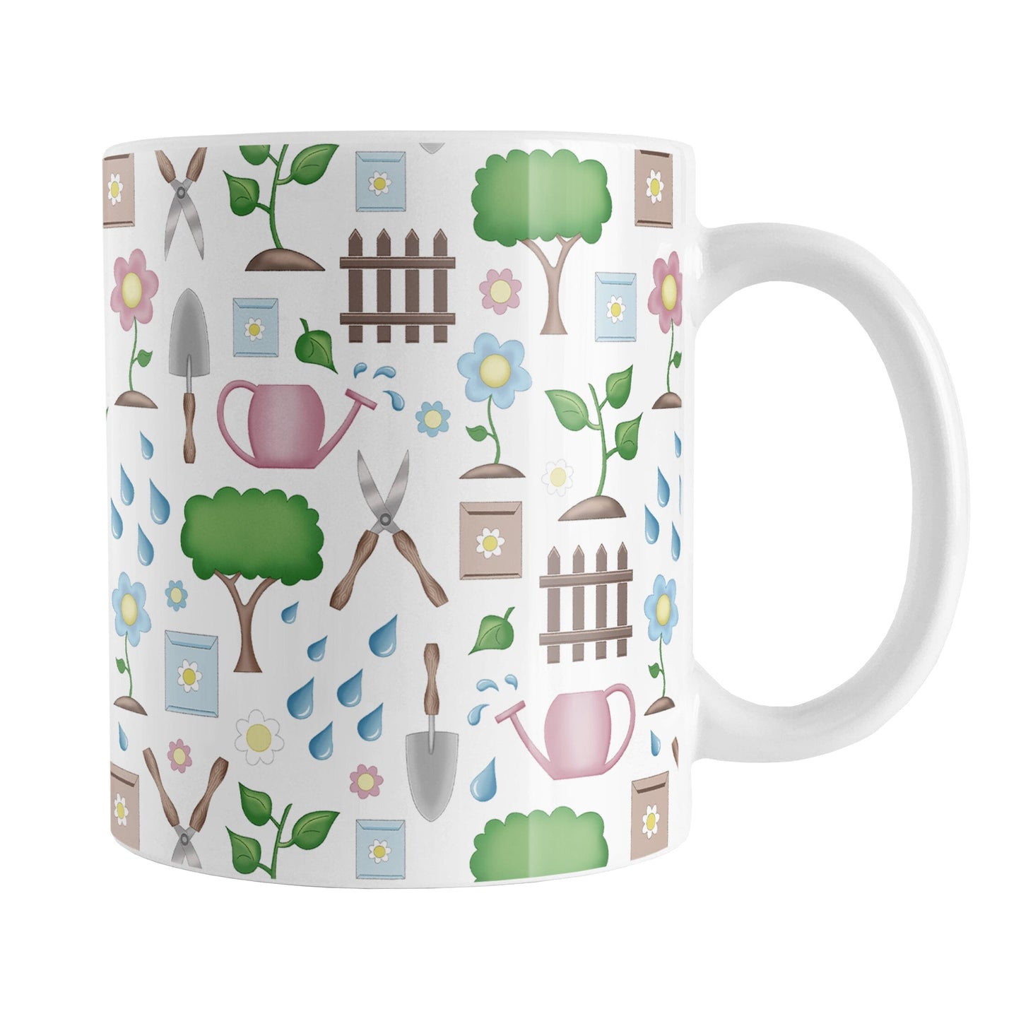 Spring Gardening Pattern Mug (11oz) at Amy's Coffee Mugs. A ceramic coffee mug designed with a springtime gardening pattern with trees, plants, flowers, seed packets, watering cans, fences, and gardening tools in spring colors such as pink, blue, green, and brown.
