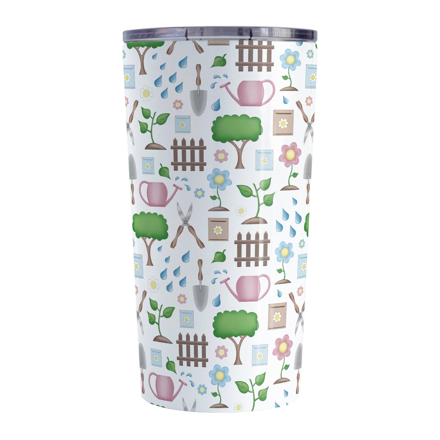 Spring Gardening Pattern Tumbler Cup (20oz) at Amy's Coffee Mugs. A stainless steel tumbler cup designed with a springtime gardening pattern with trees, plants, flowers, seed packets, watering cans, fences, and gardening tools in spring colors such as pink, blue, green, and brown.